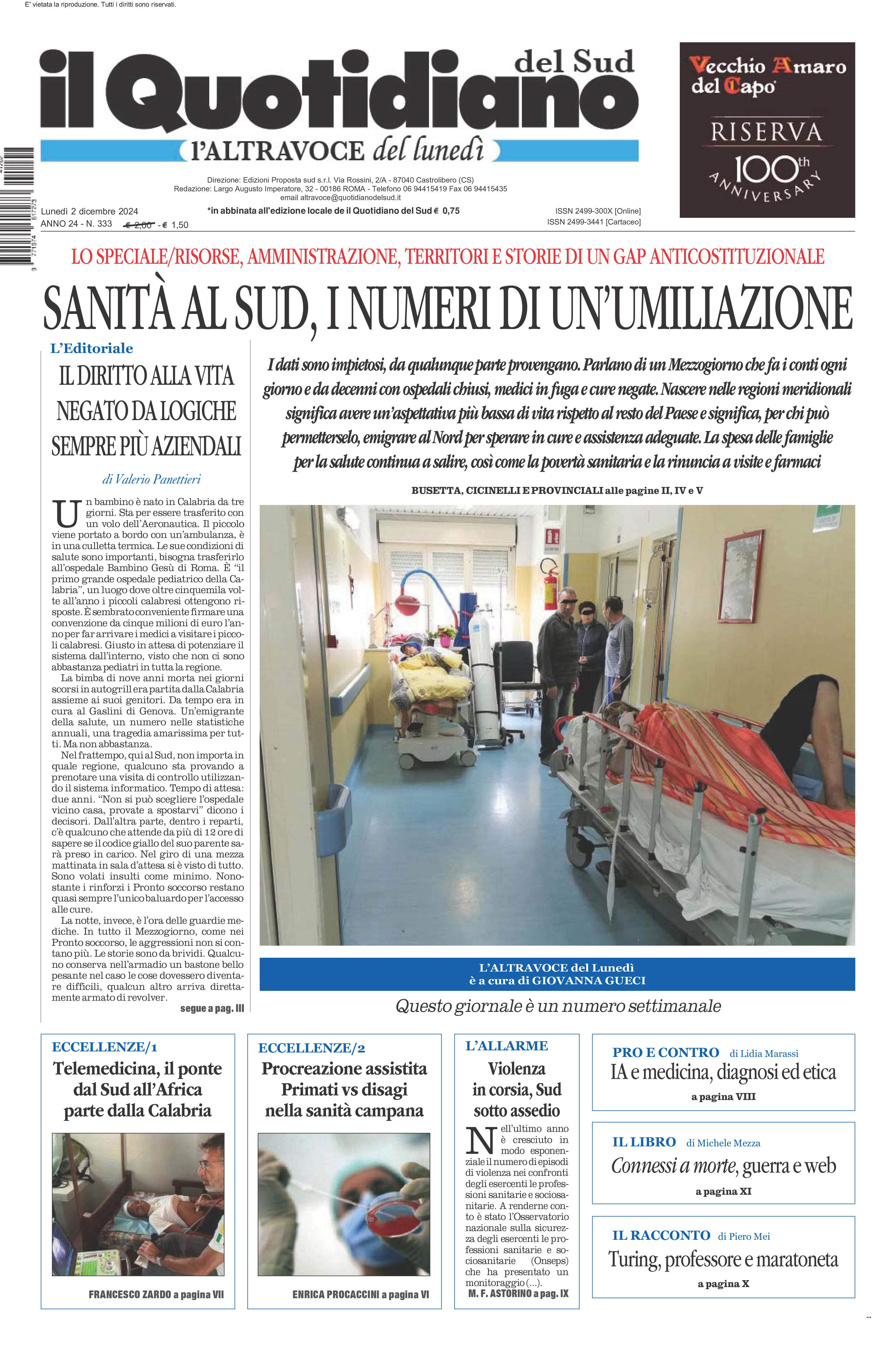 La prima pagina de l’ALTRAVOCE dell’ITALIA in edicola oggi