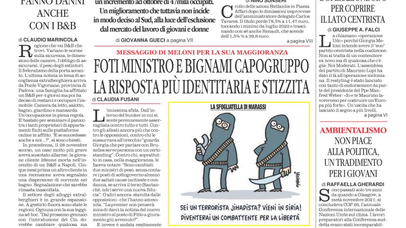 La prima pagina de l’ALTRAVOCE dell’ITALIA in edicola oggi