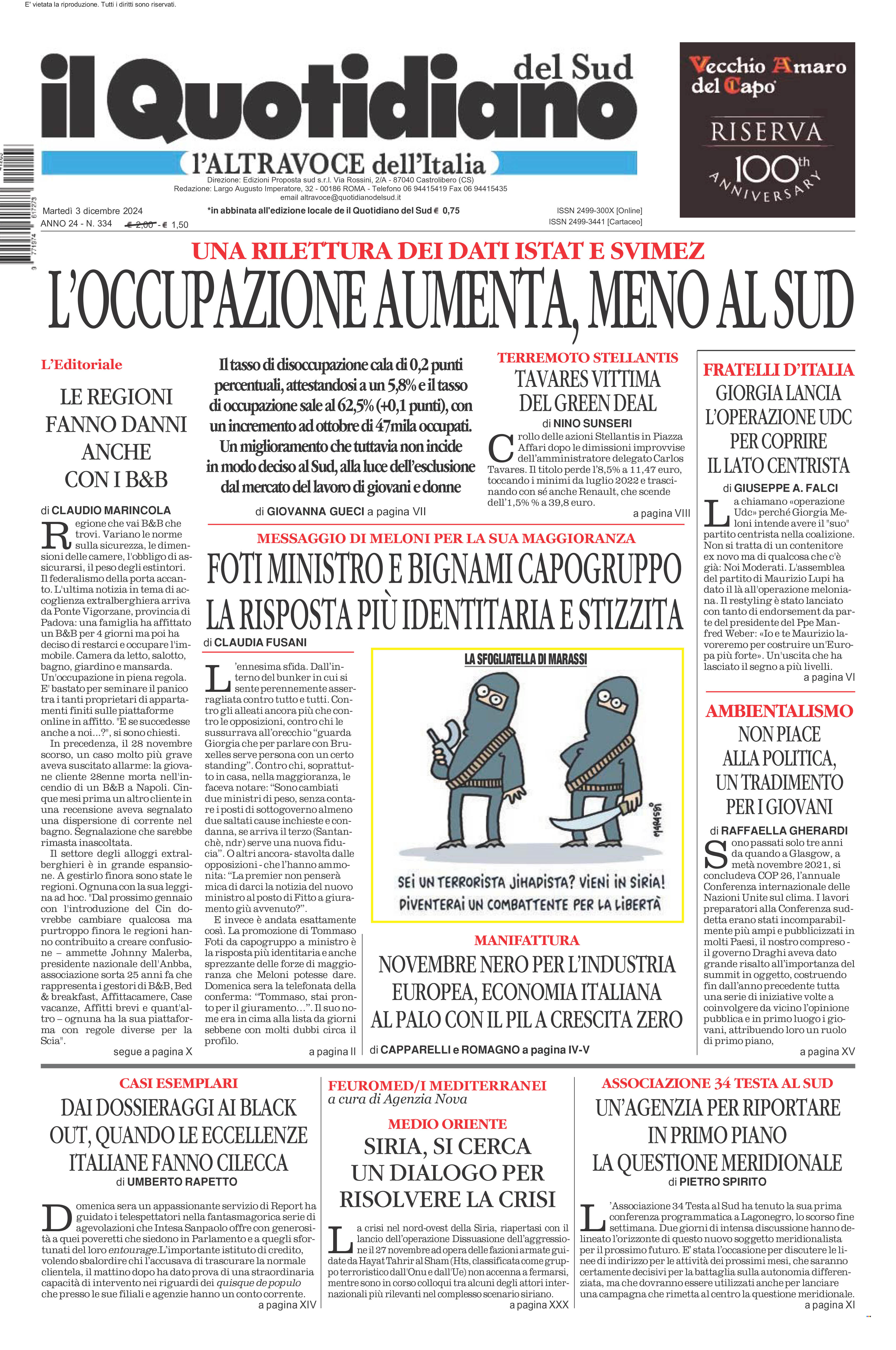 La prima pagina de l’ALTRAVOCE dell’ITALIA in edicola oggi