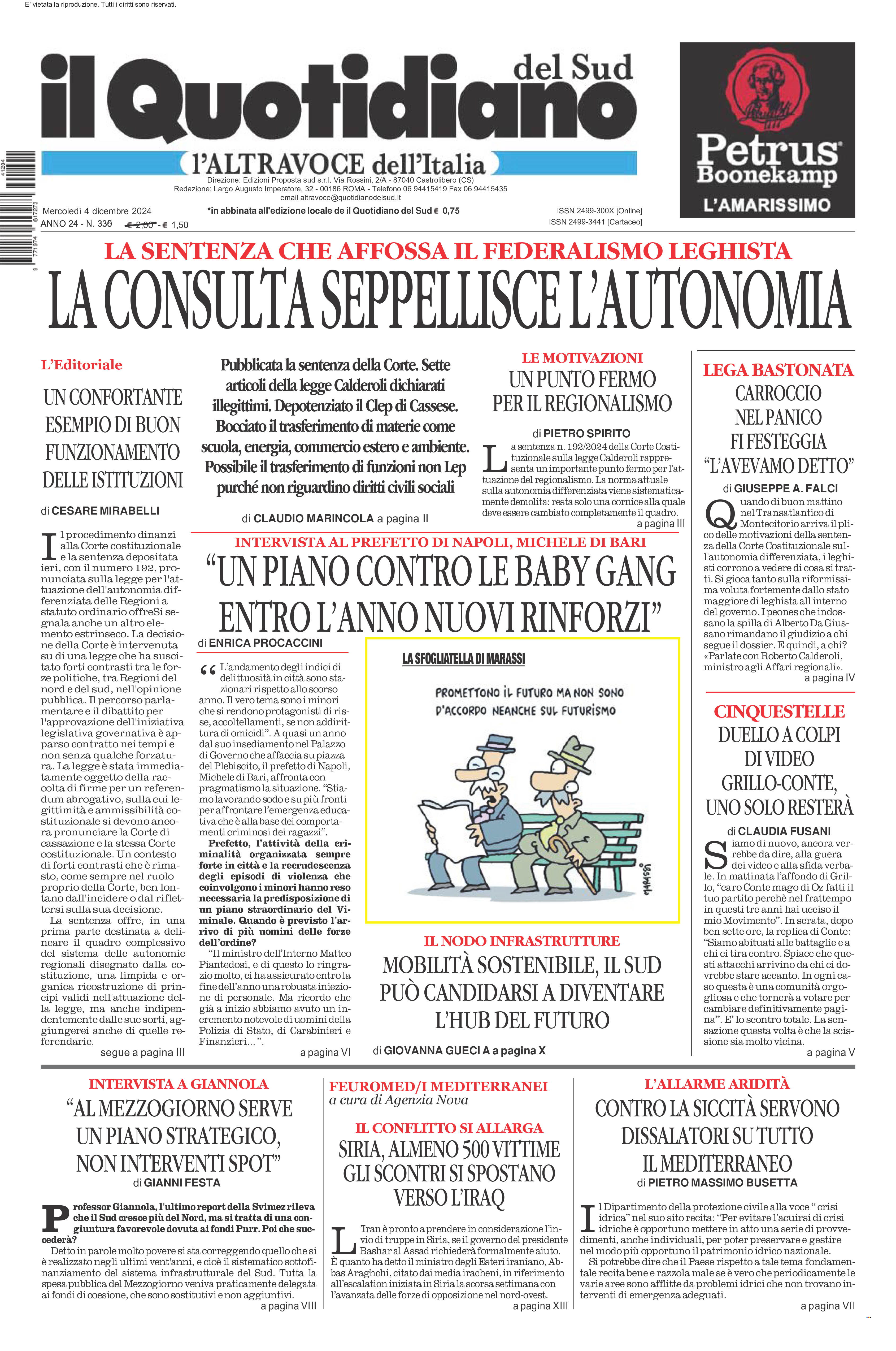 La prima pagina de l’ALTRAVOCE dell’ITALIA in edicola oggi