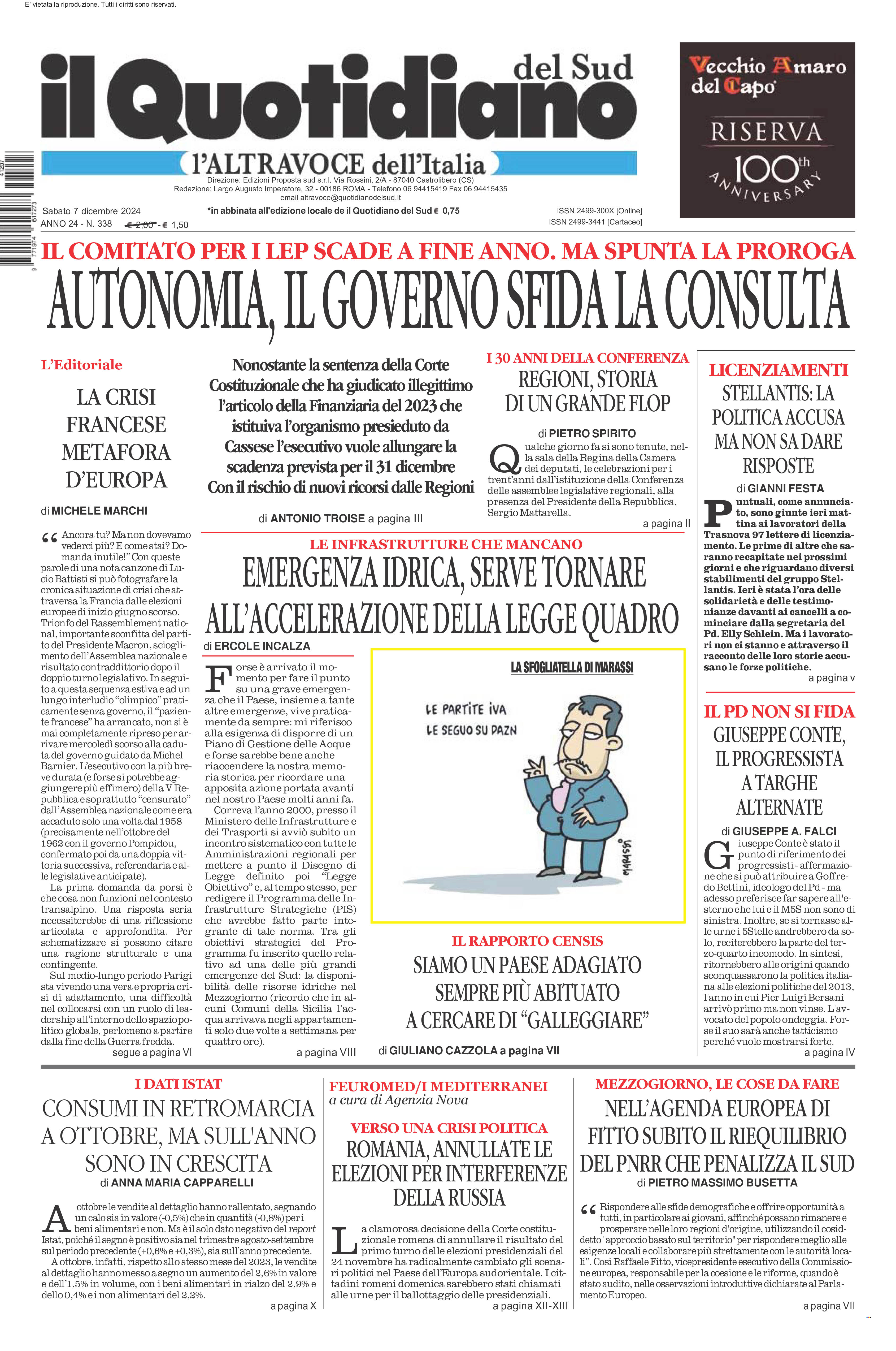 La prima pagina de l’ALTRAVOCE dell’ITALIA in edicola oggi