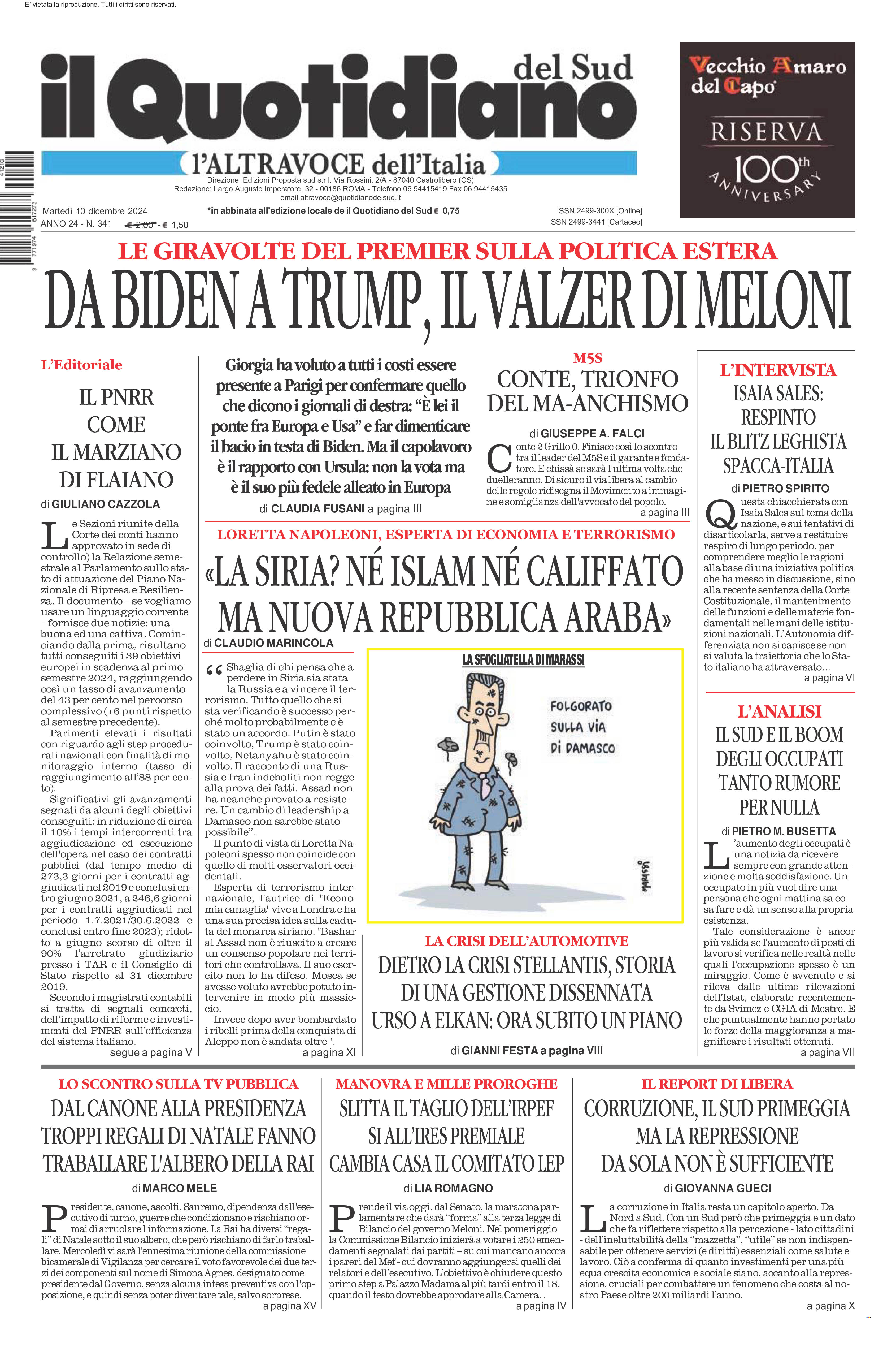 La prima pagina de l’ALTRAVOCE dell’ITALIA in edicola oggi