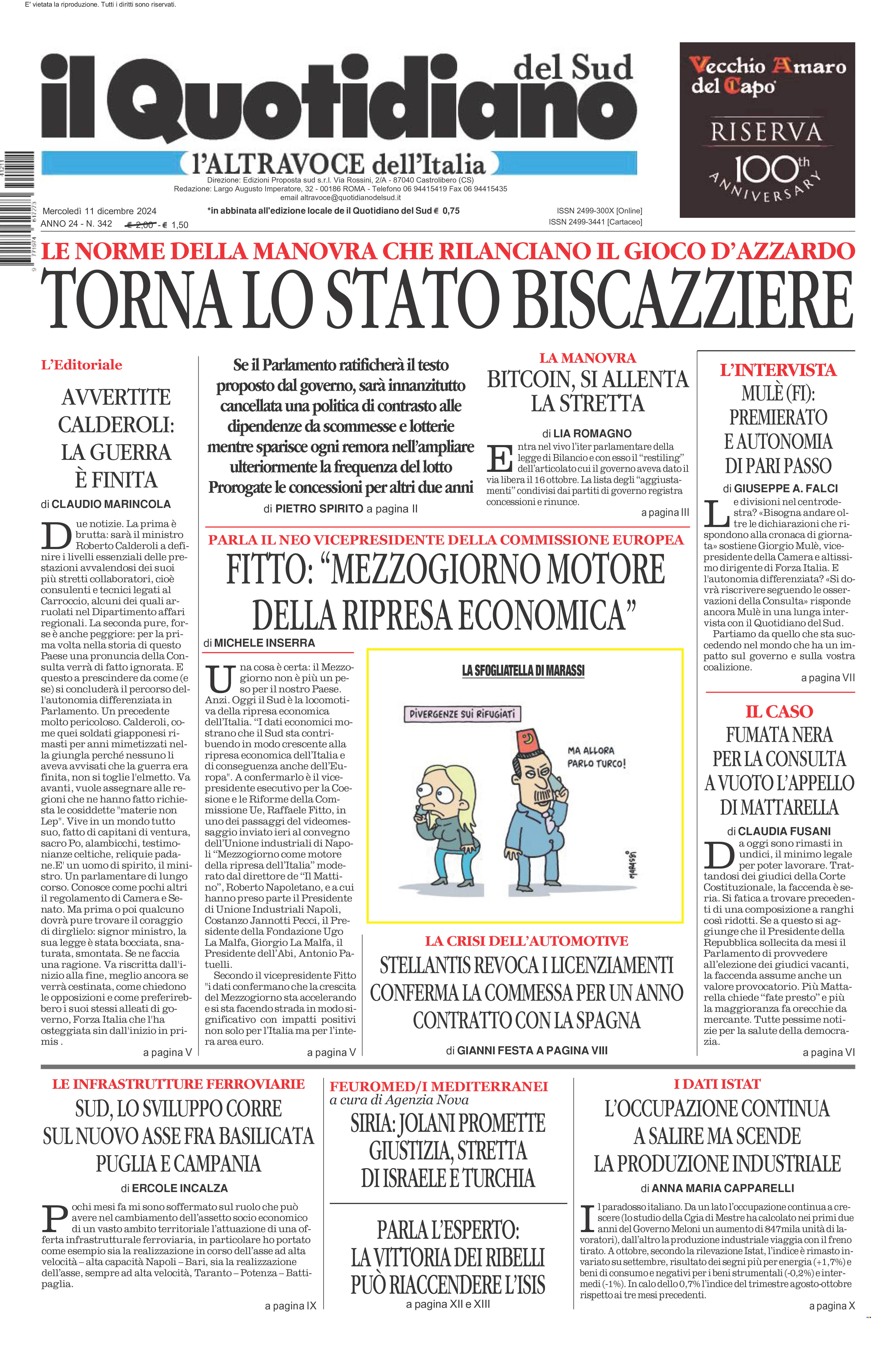 La prima pagina de l’ALTRAVOCE dell’ITALIA in edicola oggi