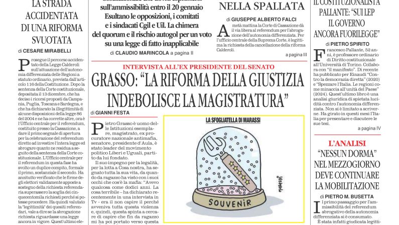 La prima pagina de l’ALTRAVOCE dell’ITALIA in edicola oggi