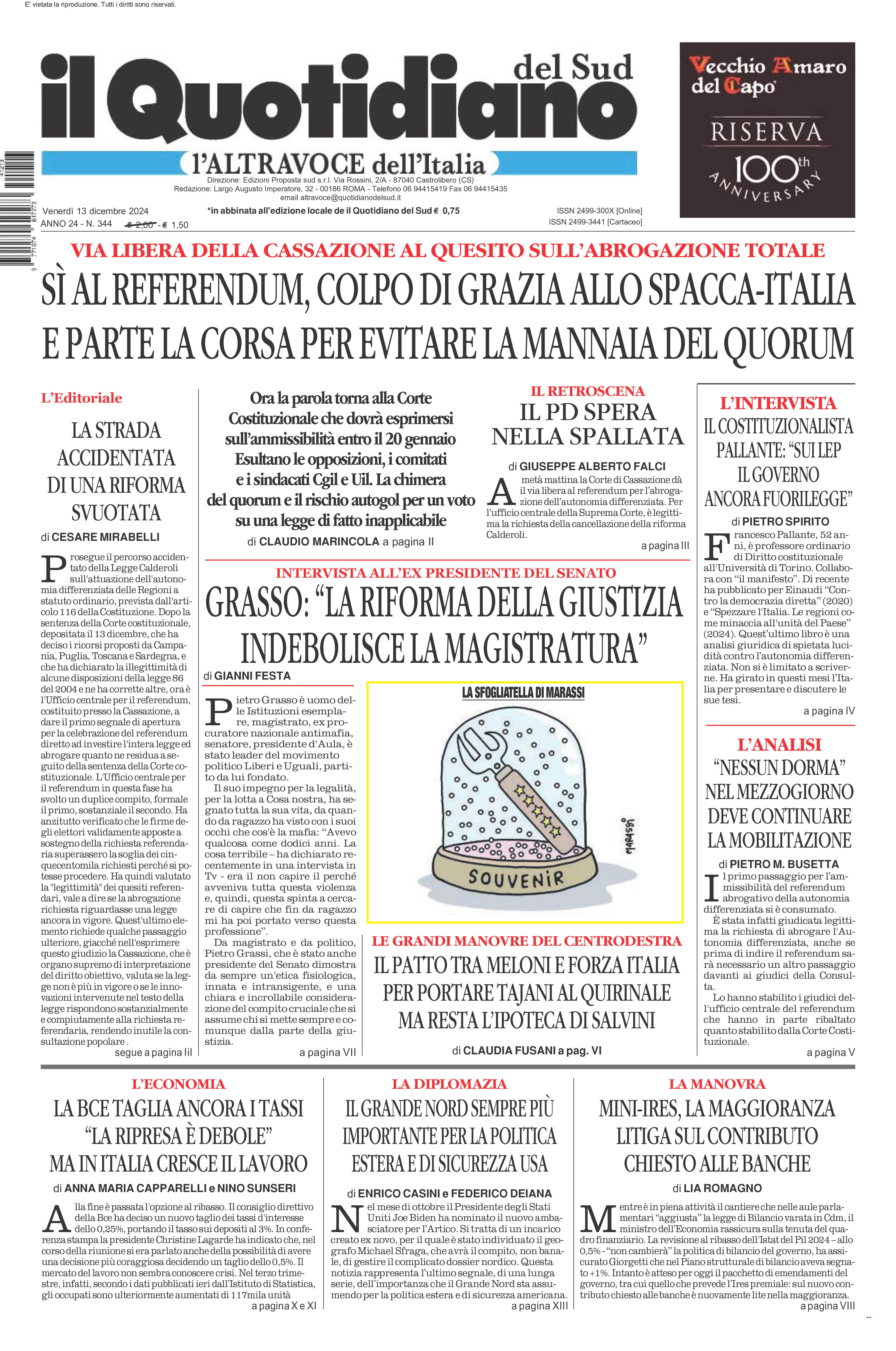 La prima pagina de l’ALTRAVOCE dell’ITALIA in edicola oggi