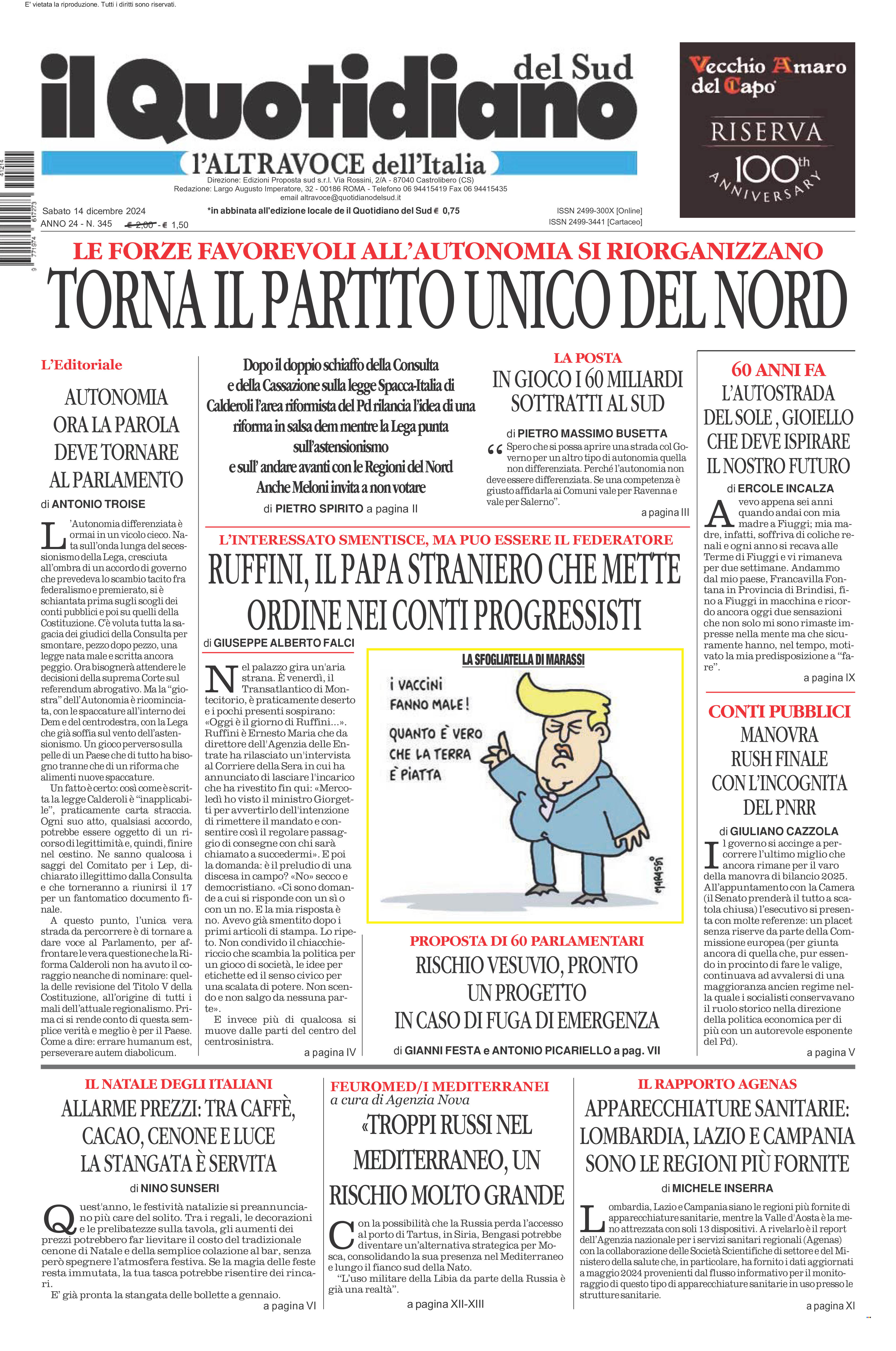 La prima pagina de l’ALTRAVOCE dell’ITALIA in edicola oggi