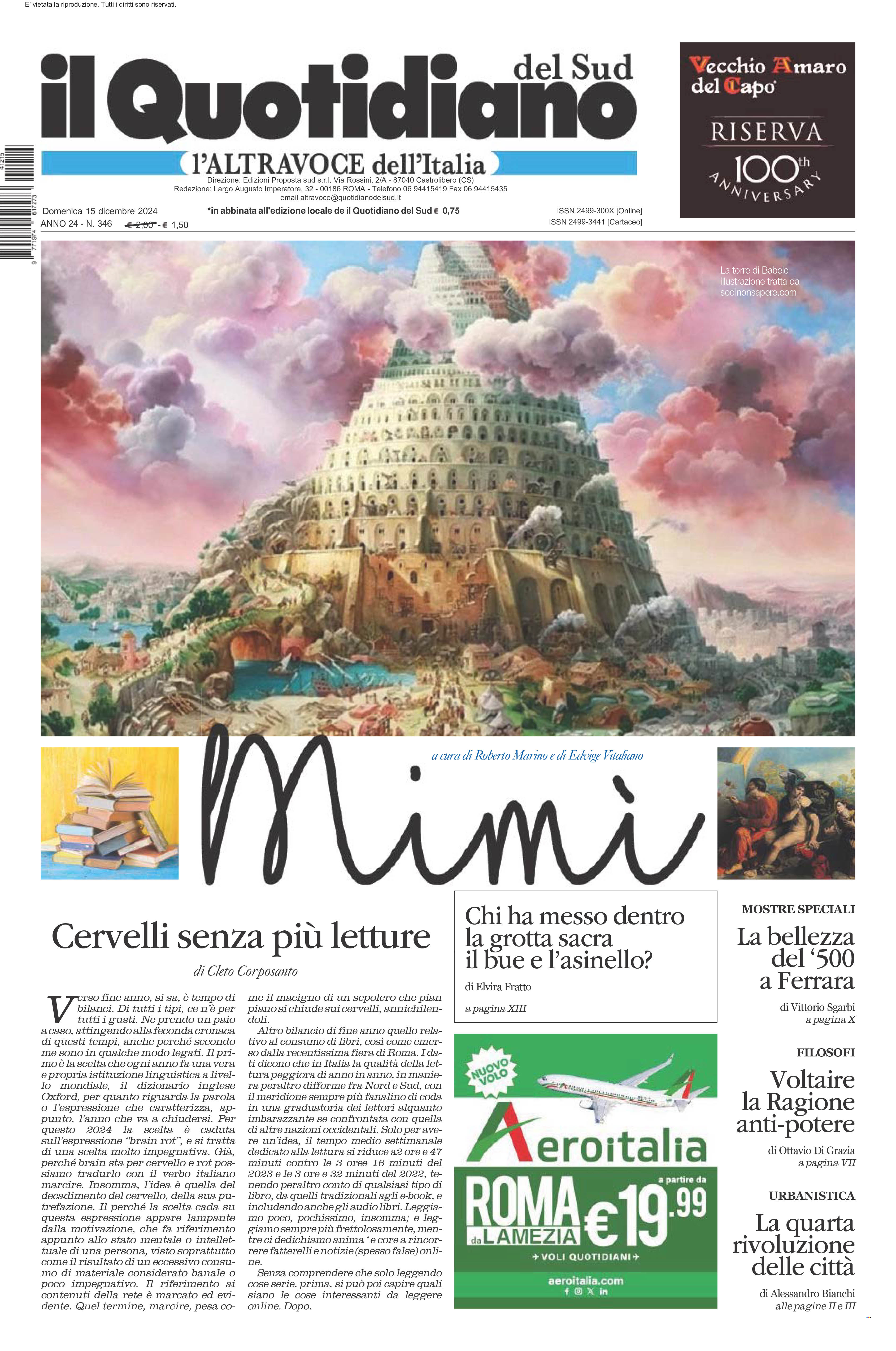 La prima pagina de l’ALTRAVOCE dell’ITALIA in edicola oggi