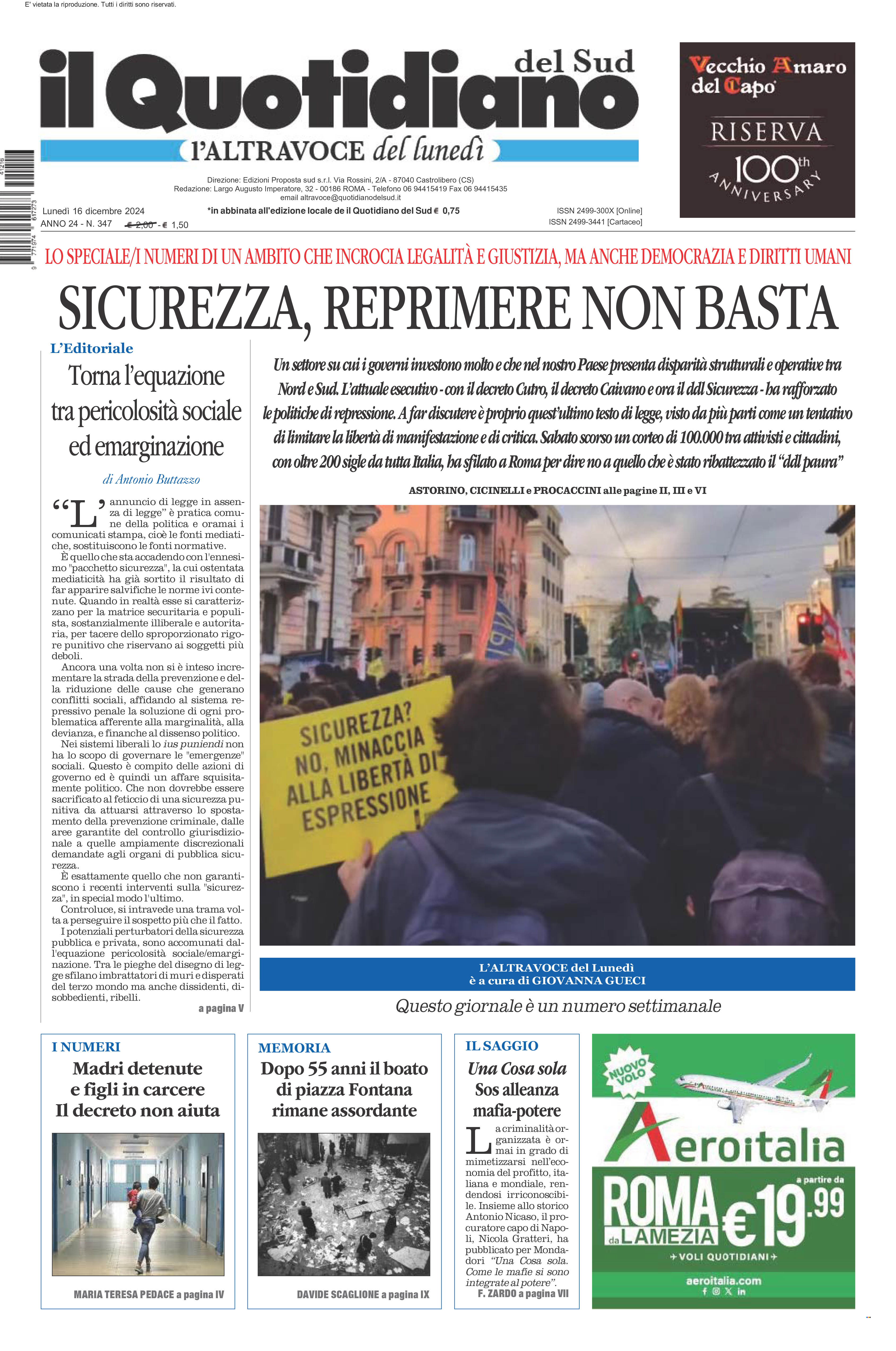 La prima pagina de l’ALTRAVOCE dell’ITALIA in edicola oggi