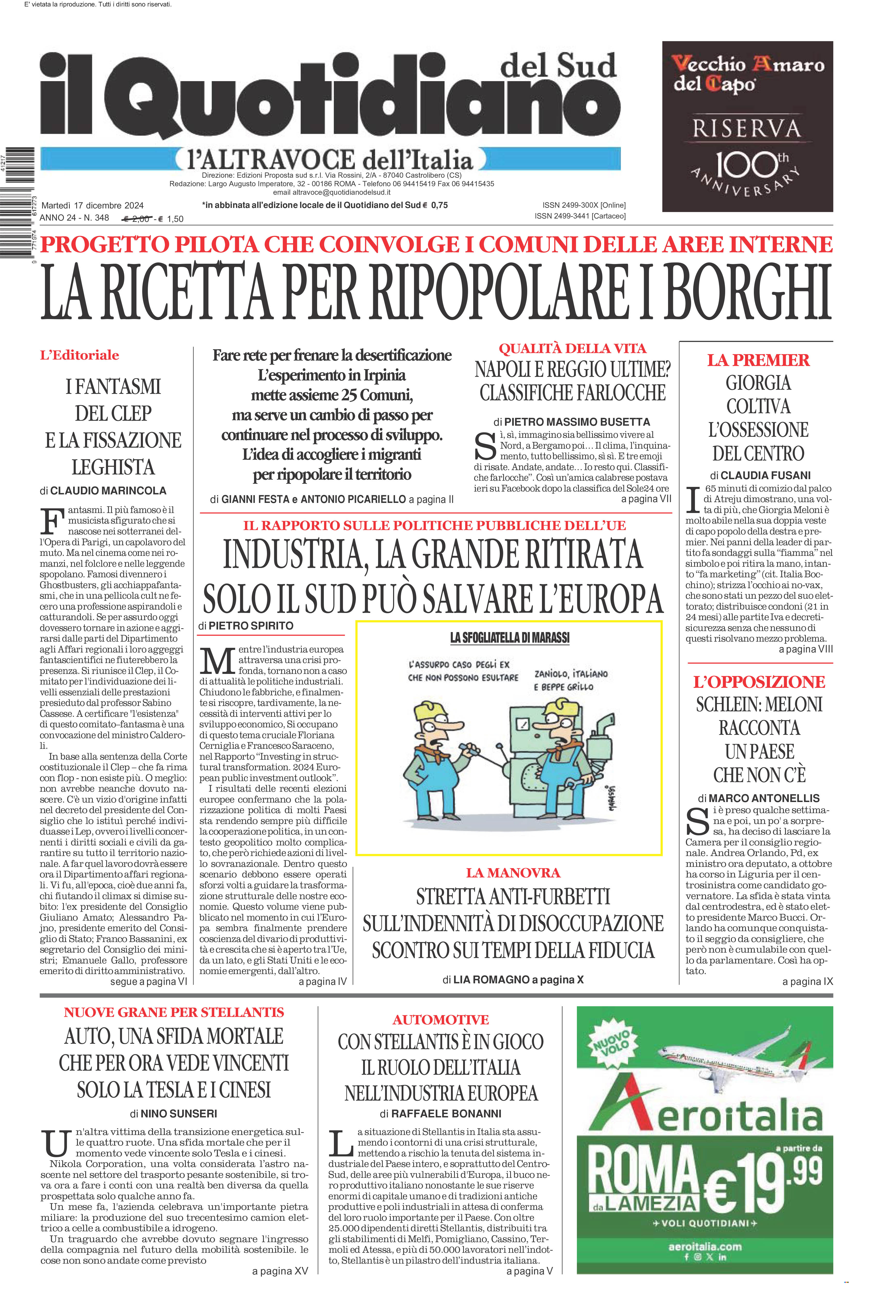 La prima pagina de l’ALTRAVOCE dell’ITALIA in edicola oggi