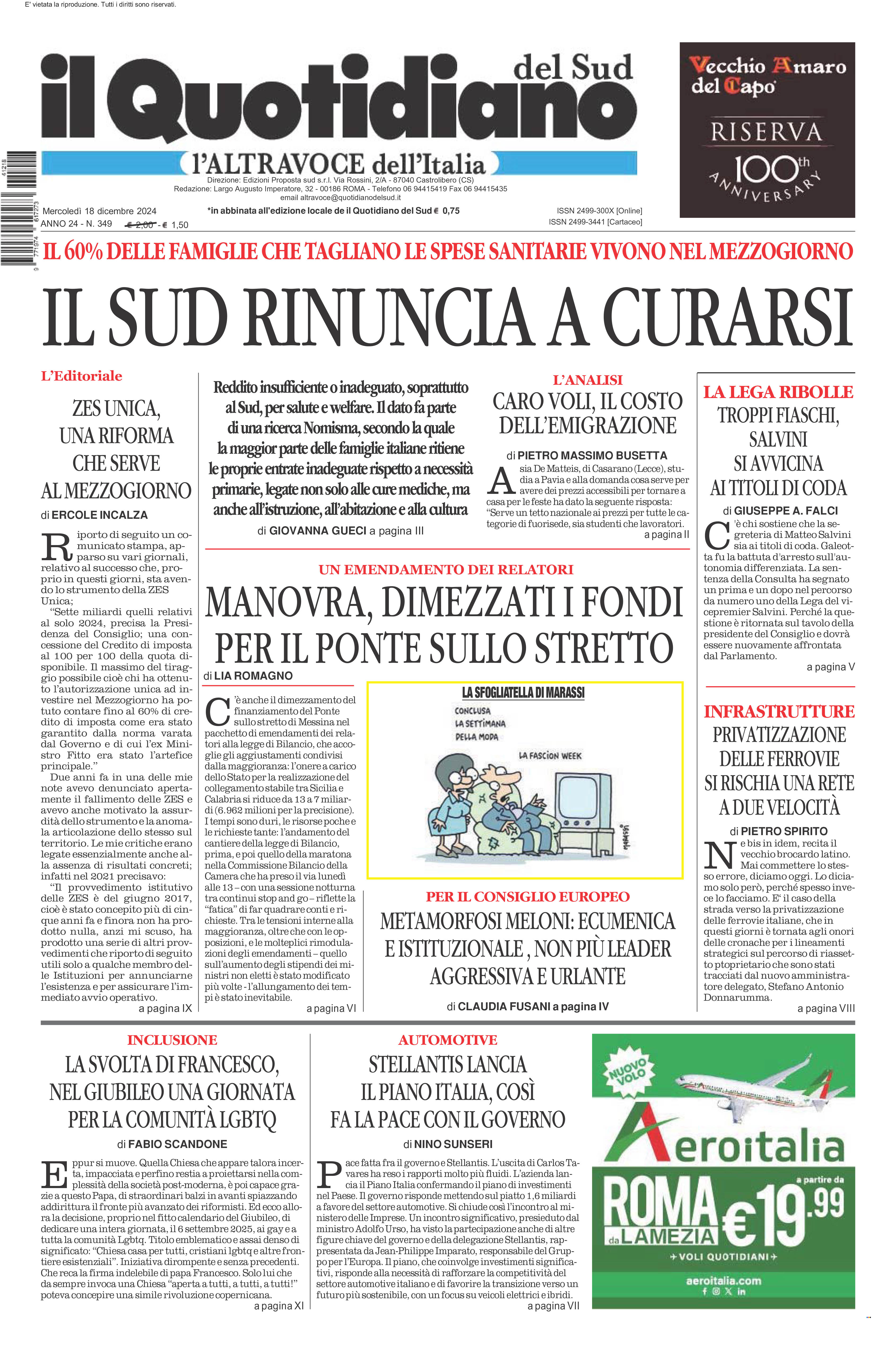 La prima pagina de l’ALTRAVOCE dell’ITALIA in edicola oggi