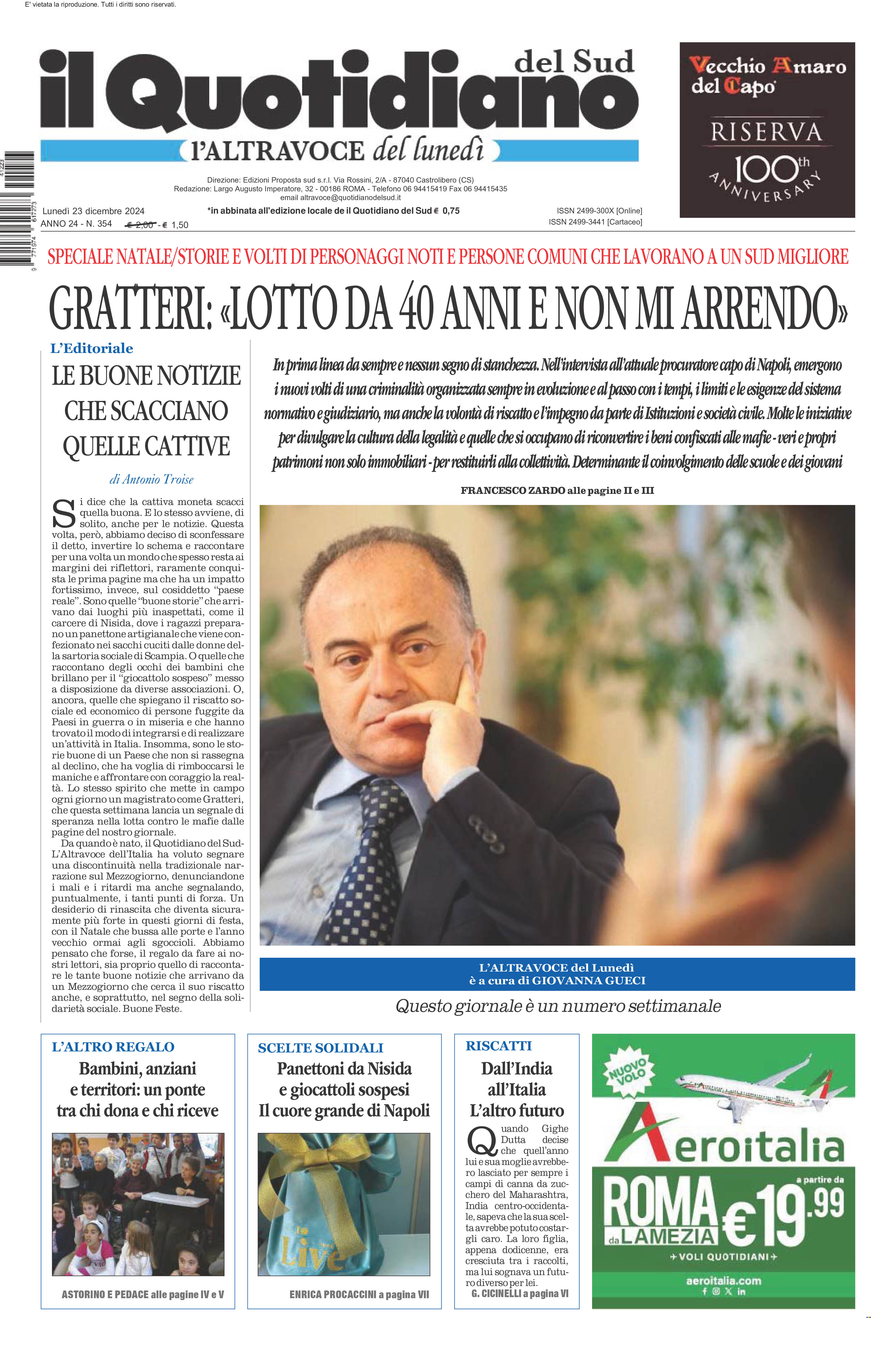 La prima pagina de l’ALTRAVOCE dell’ITALIA in edicola oggi