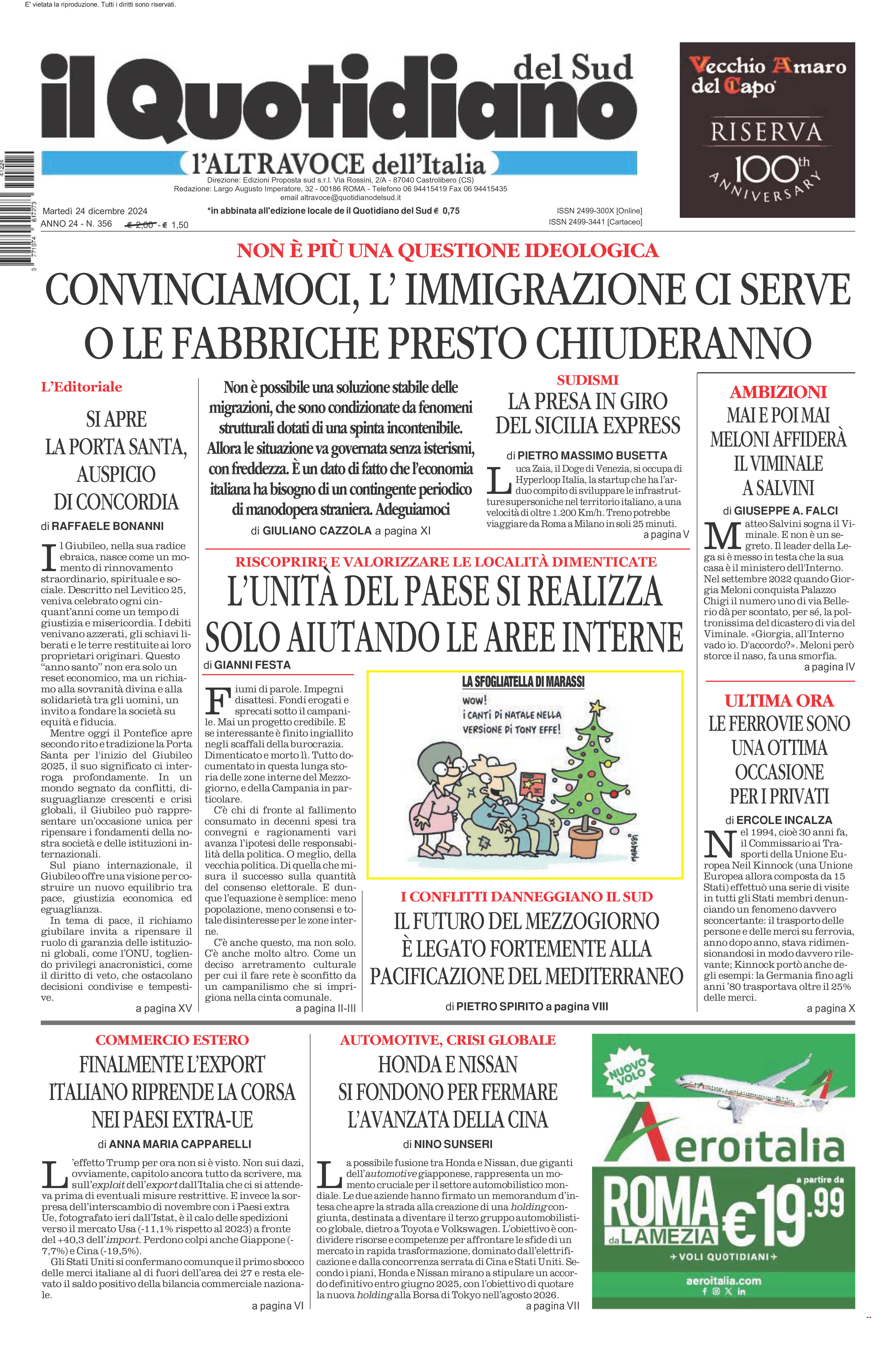 La prima pagina de l’ALTRAVOCE dell’ITALIA in edicola oggi