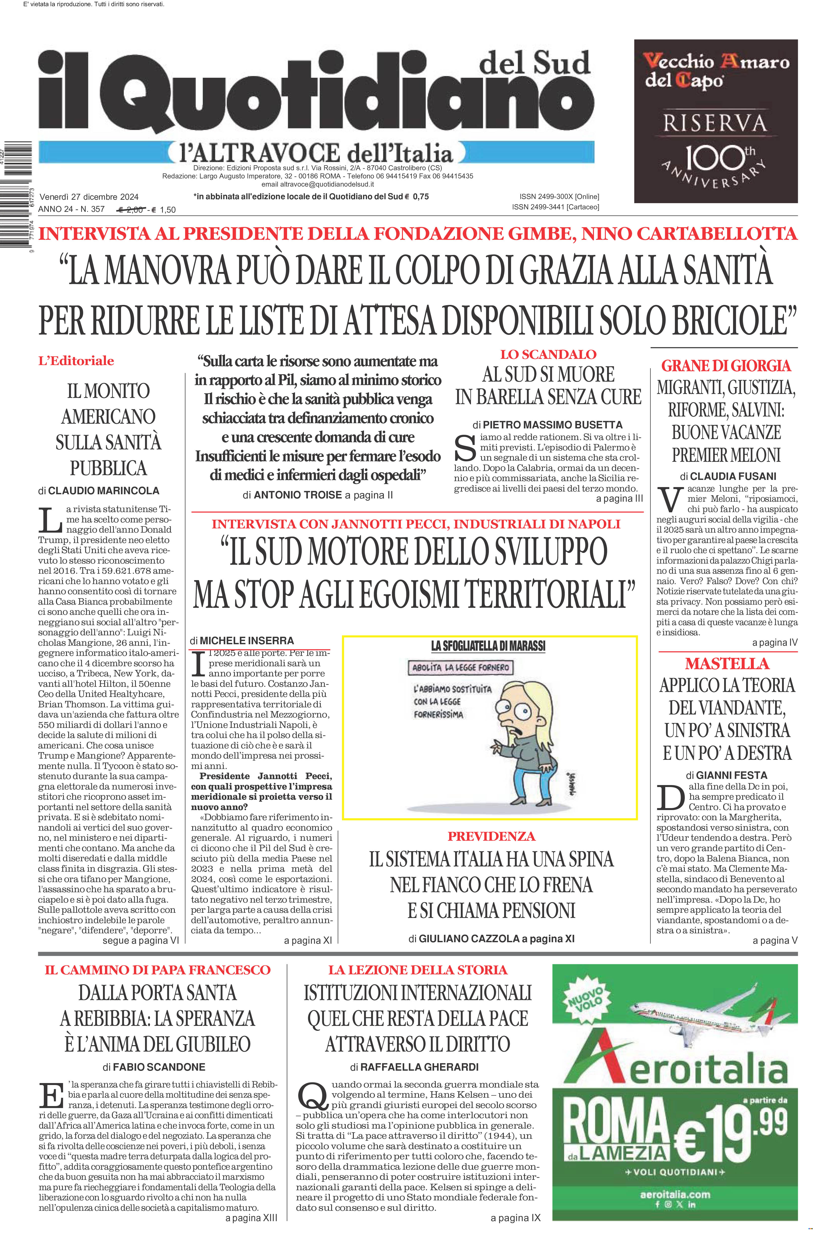 La prima pagina de l’ALTRAVOCE dell’ITALIA in edicola oggi