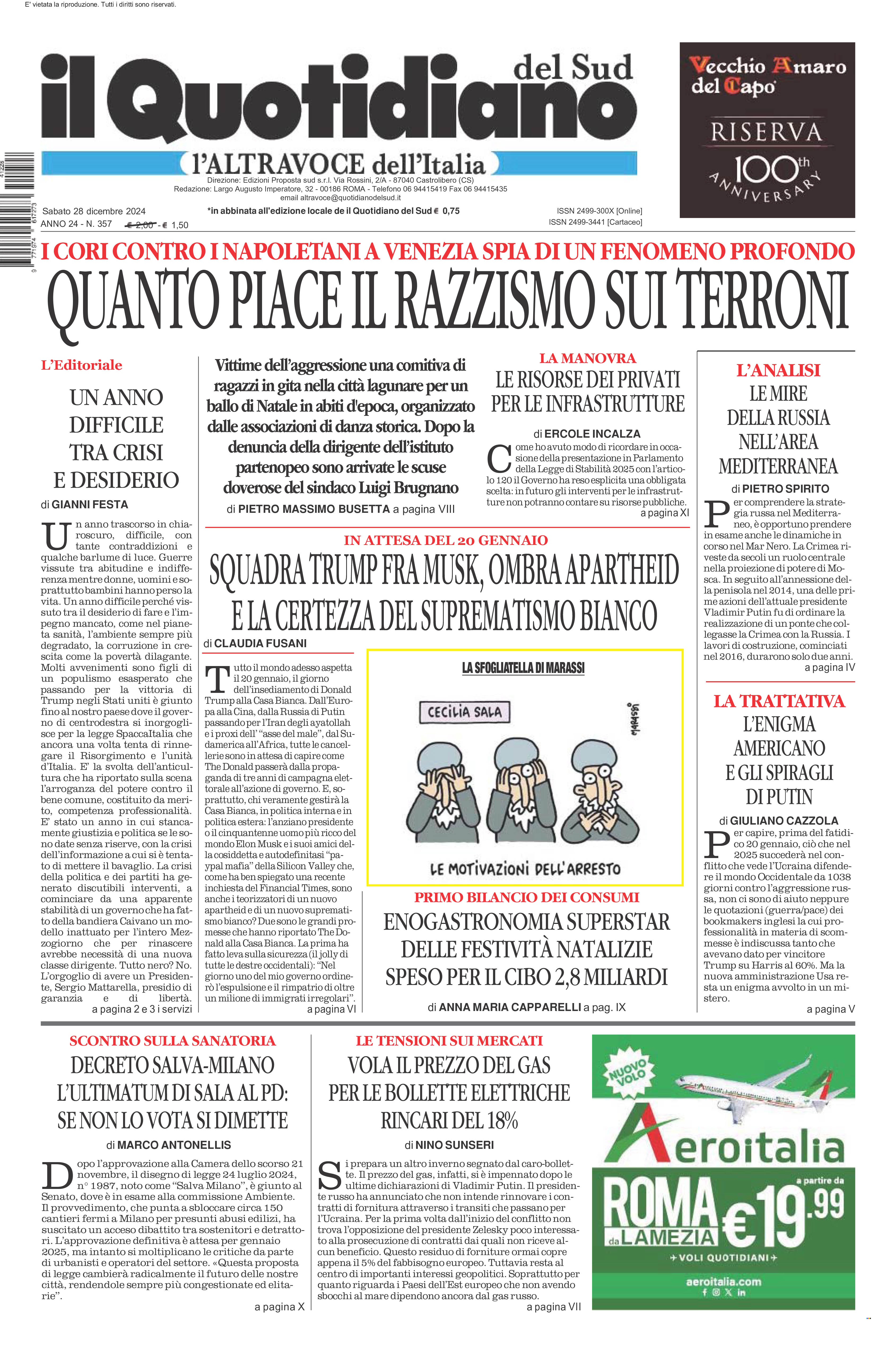 La prima pagina de l’ALTRAVOCE dell’ITALIA in edicola oggi