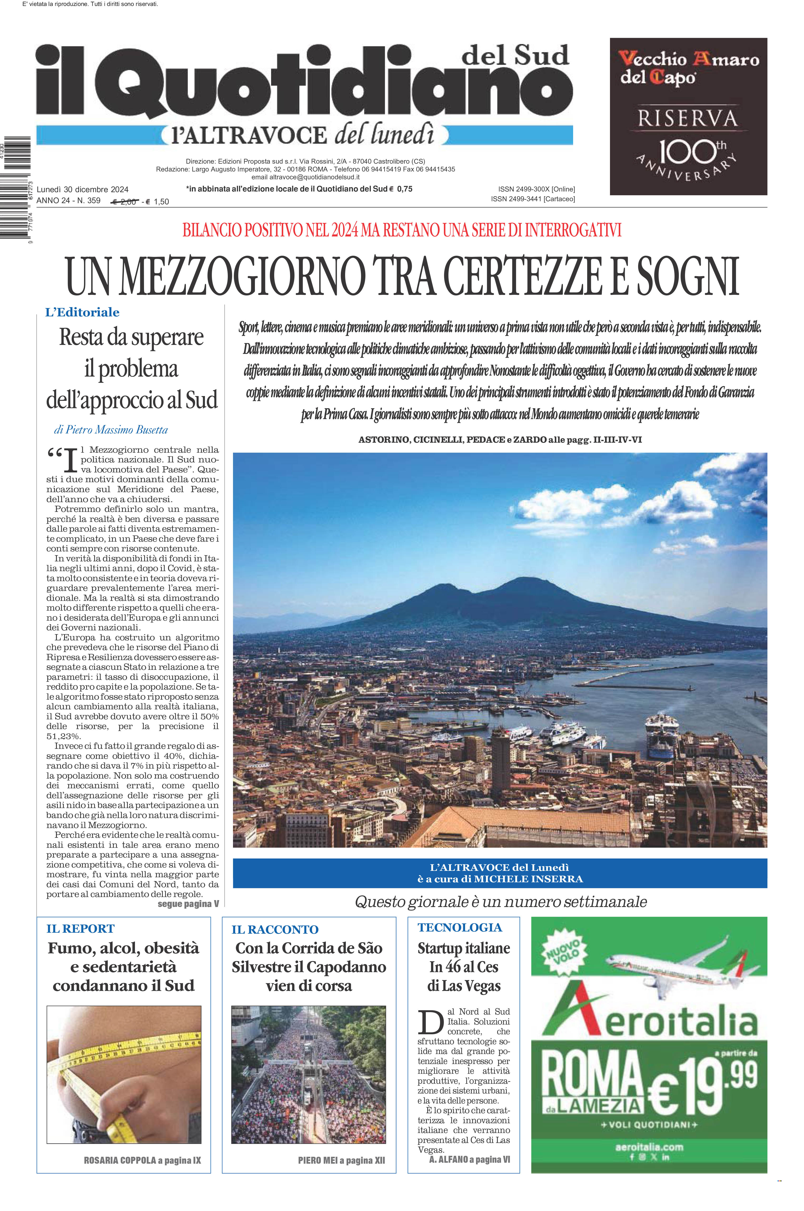 La prima pagina de l’ALTRAVOCE dell’ITALIA in edicola oggi