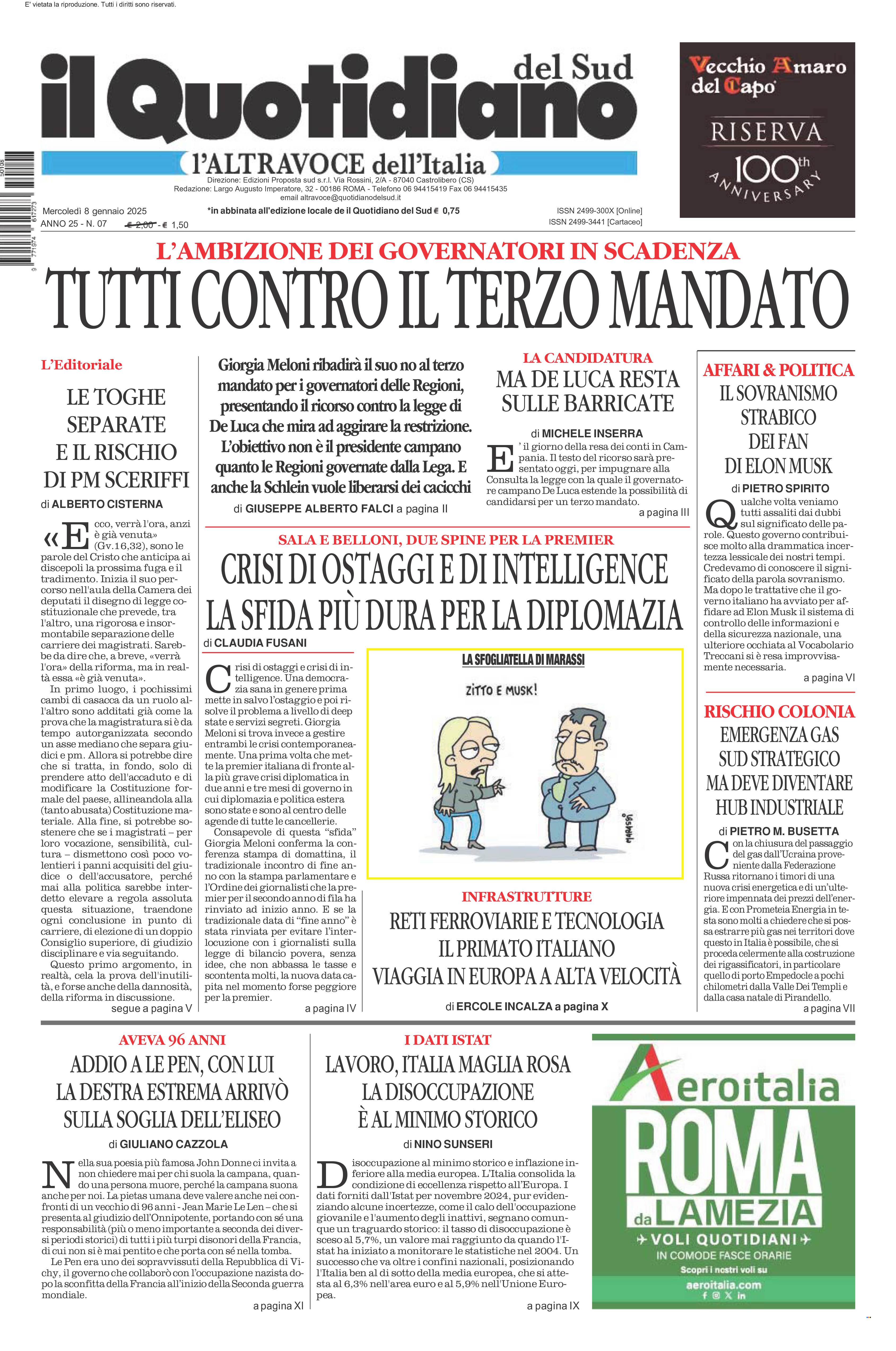 La prima pagina de l’ALTRAVOCE dell’ITALIA in edicola oggi