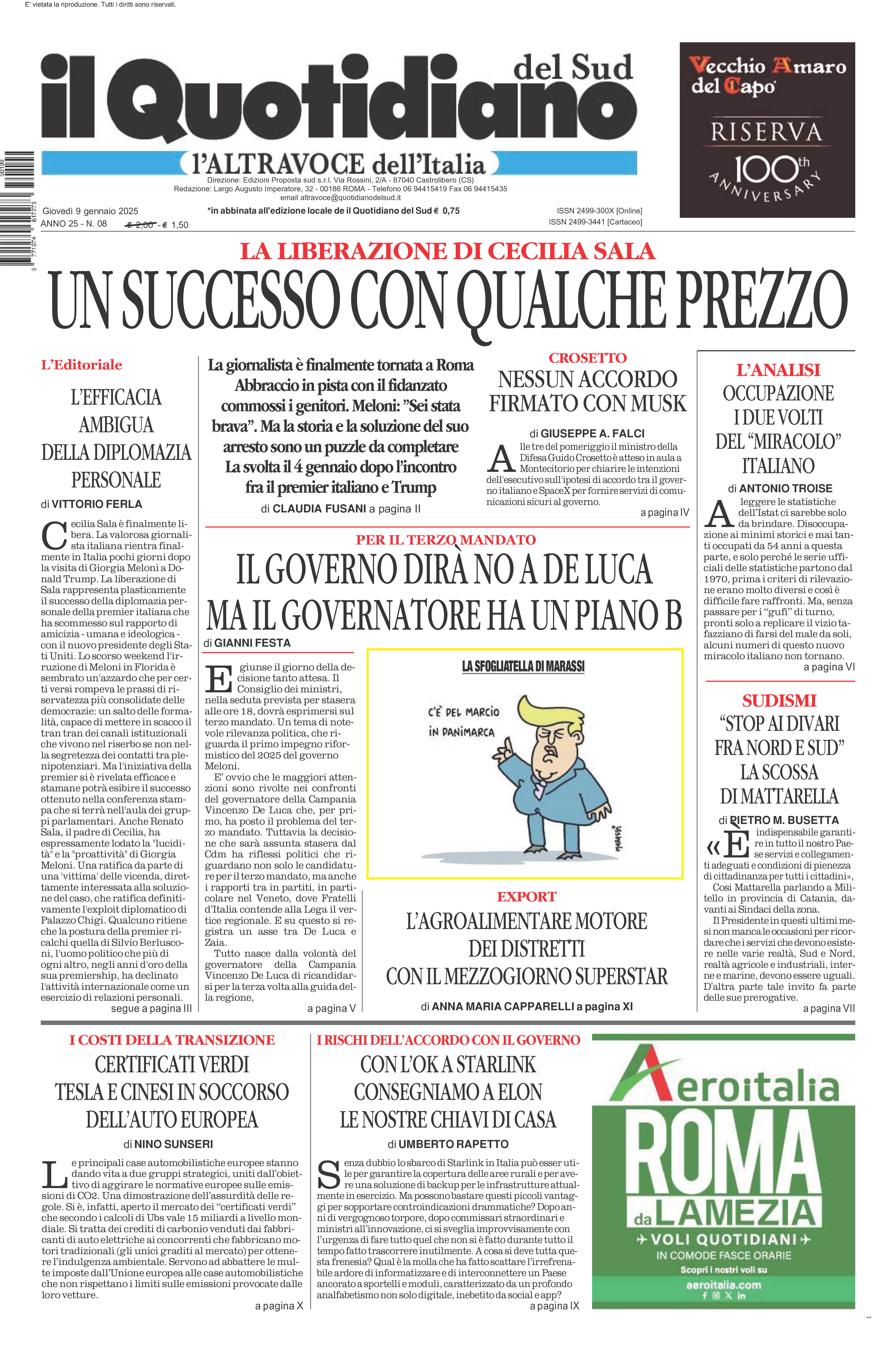 La prima pagina de l’ALTRAVOCE dell’ITALIA in edicola oggi