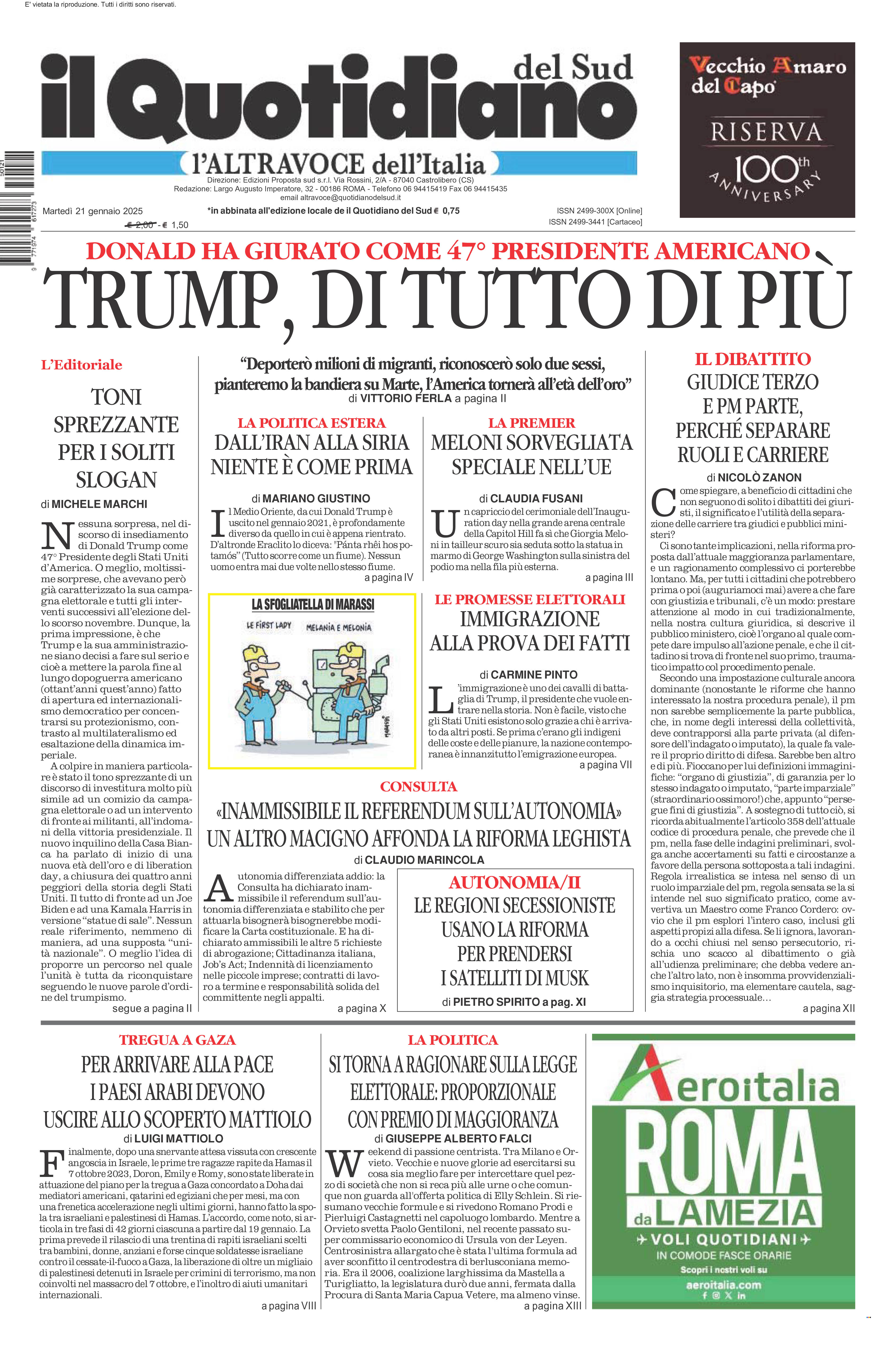 La prima pagina de l’ALTRAVOCE dell’ITALIA in edicola oggi