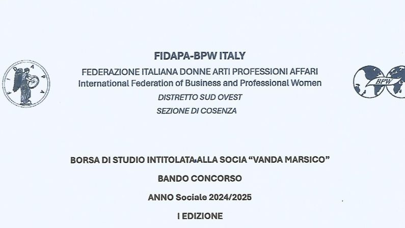 Fidapa Cosenza: borsa di studio “Vanda Marsico”, candidature entro il 31 gennaio