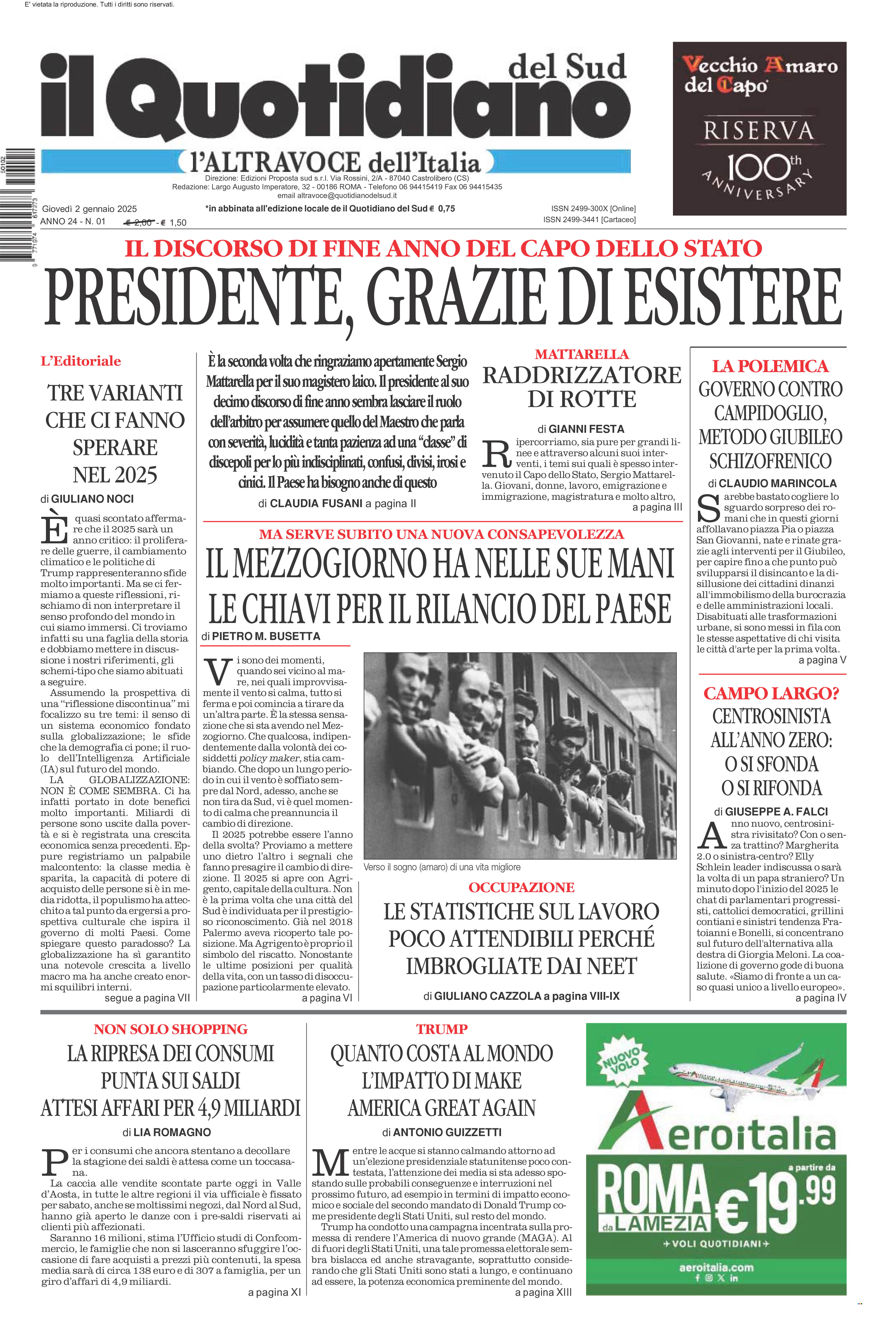 La prima pagina de l’ALTRAVOCE dell’ITALIA in edicola oggi