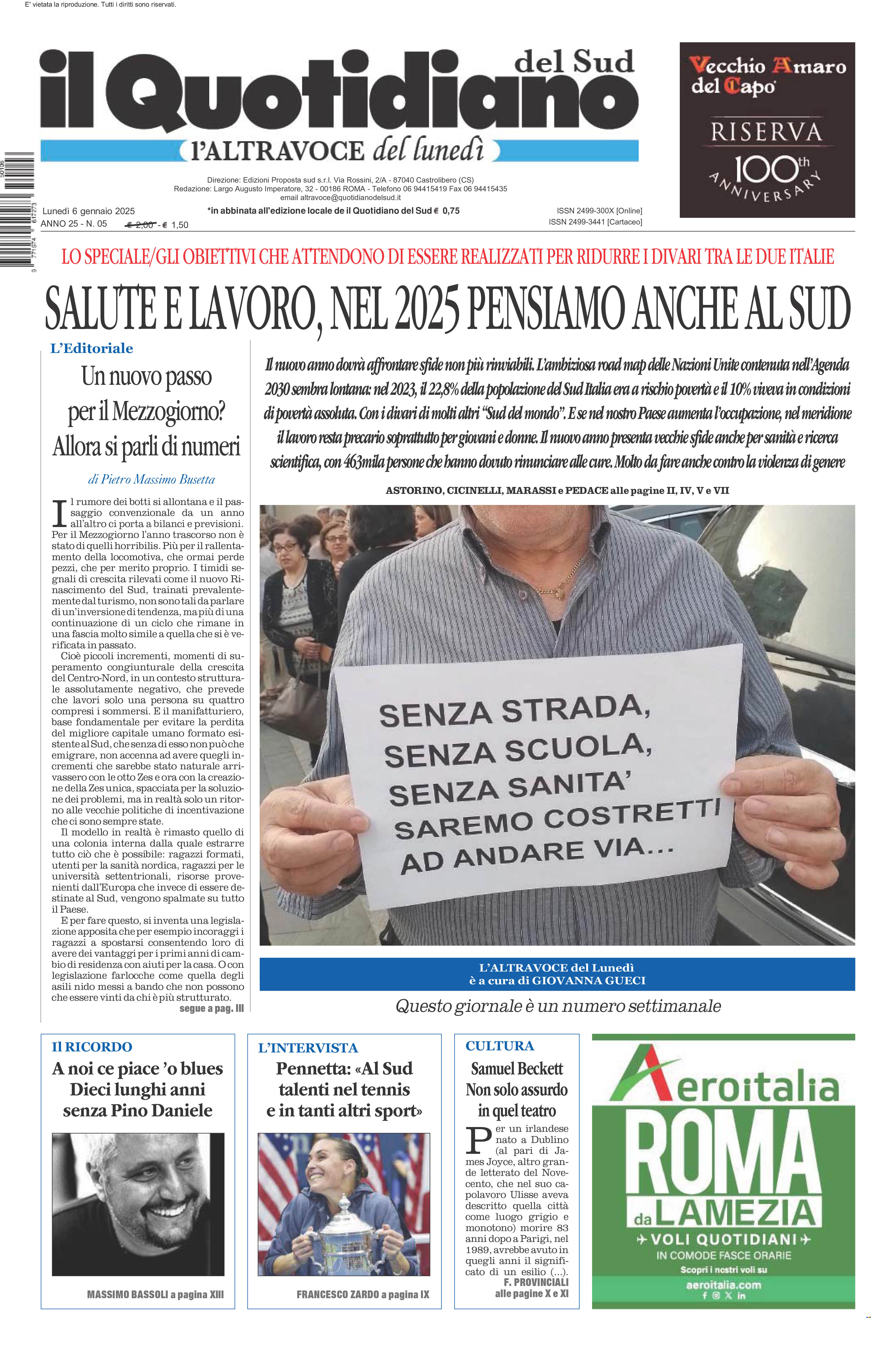 La prima pagina de l’ALTRAVOCE dell’ITALIA in edicola oggi