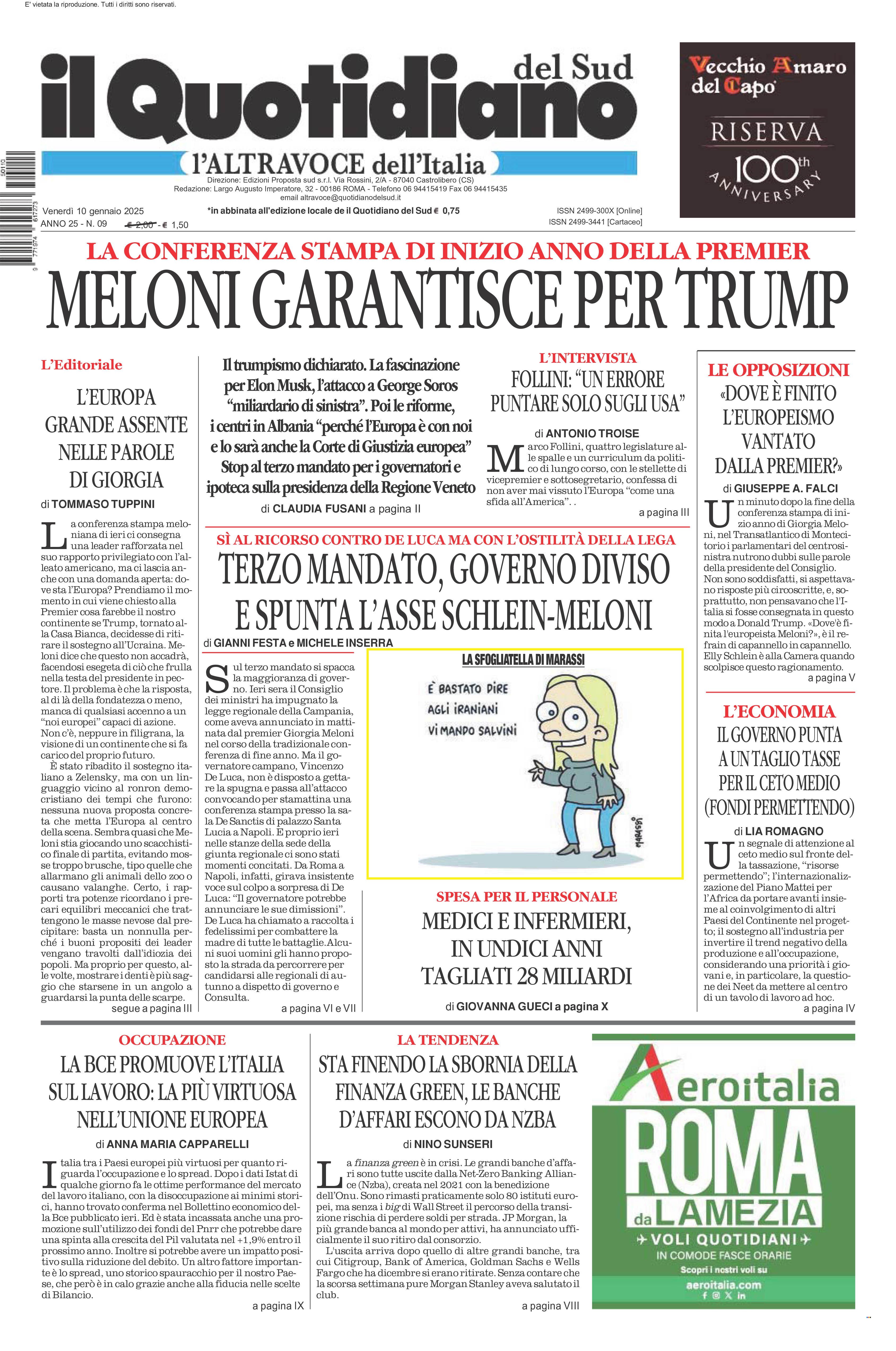 La prima pagina de l’ALTRAVOCE dell’ITALIA in edicola oggi