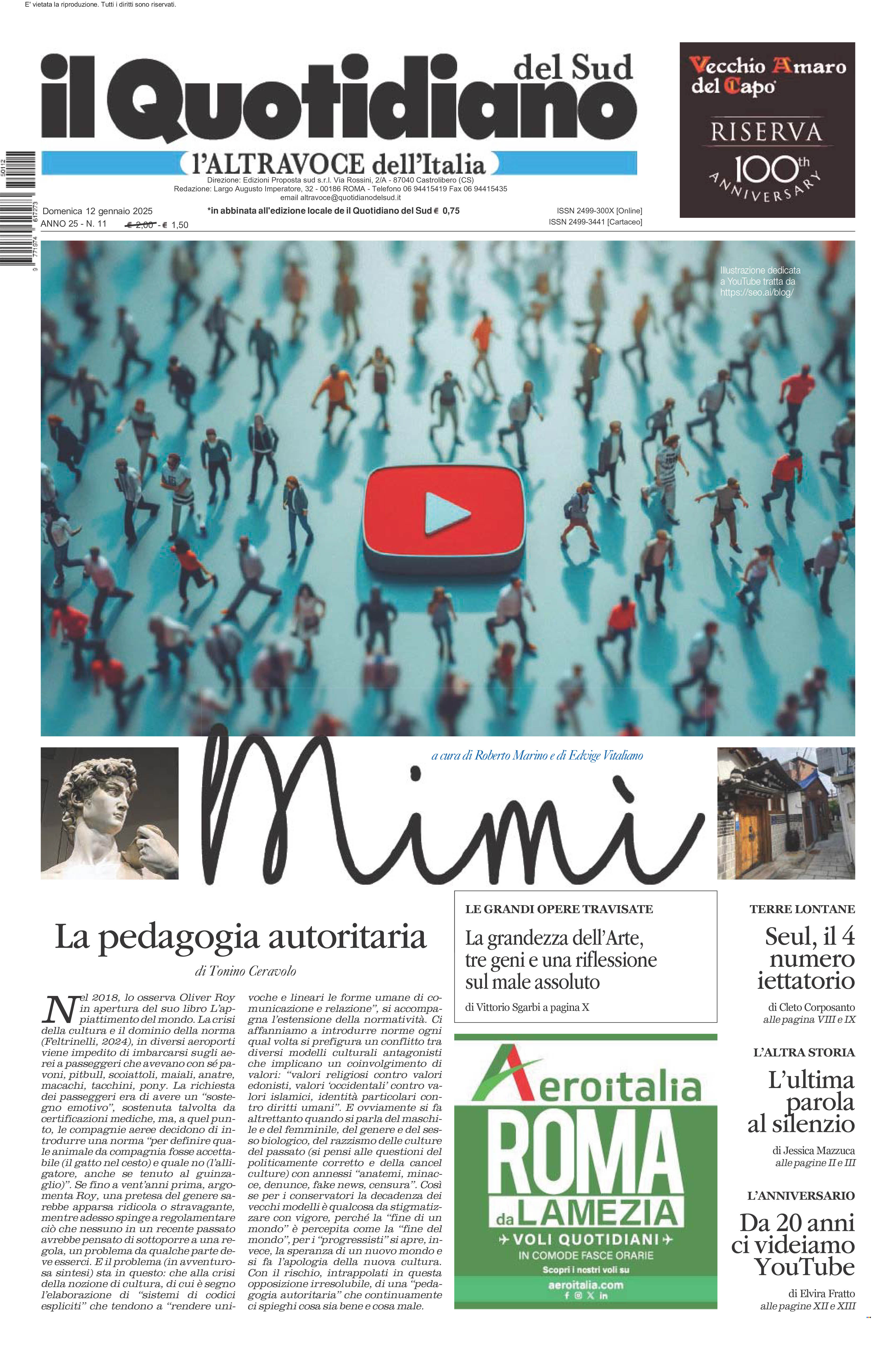 La prima pagina de l’ALTRAVOCE dell’ITALIA in edicola oggi