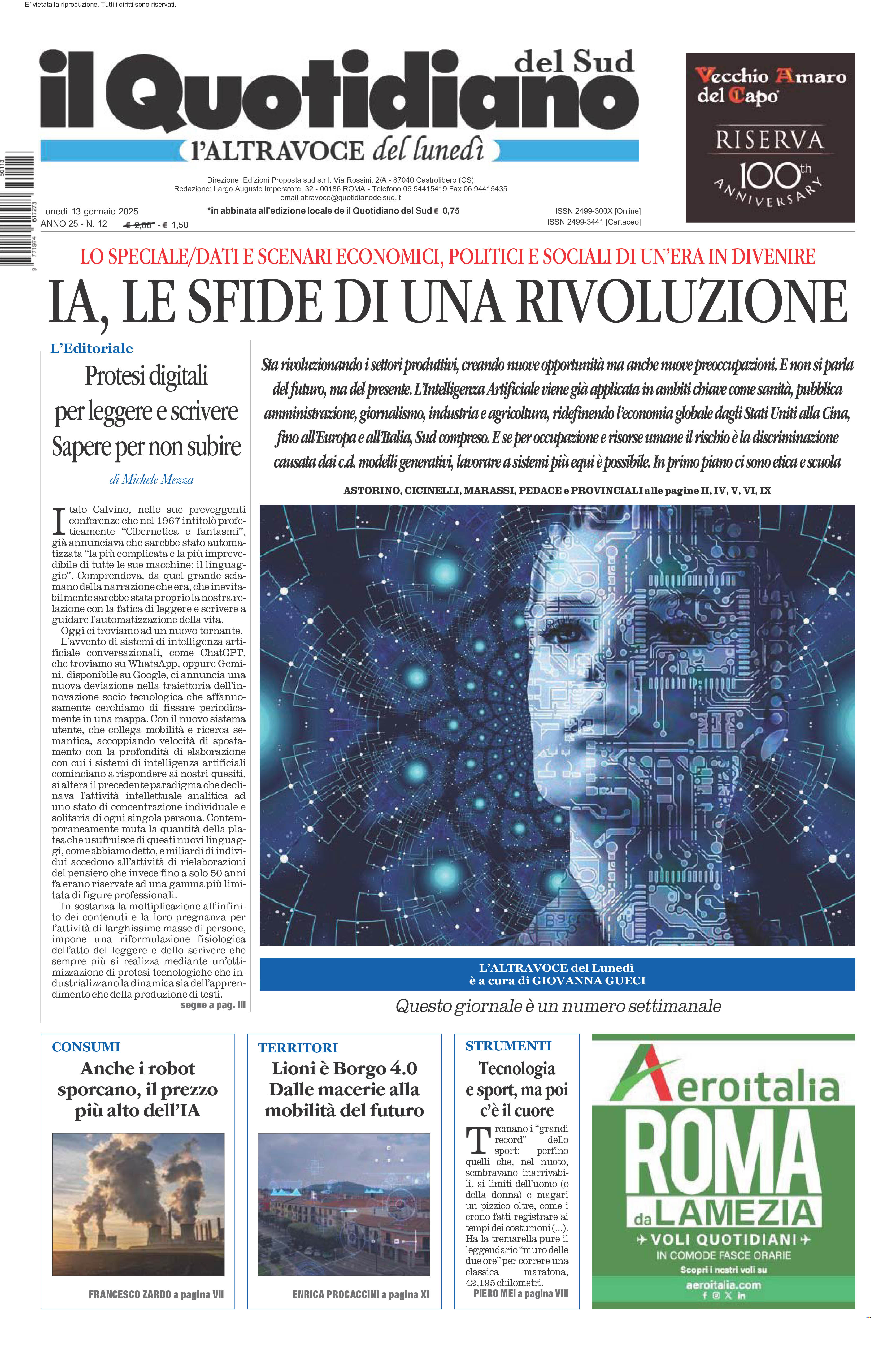 La prima pagina de l’ALTRAVOCE dell’ITALIA in edicola oggi