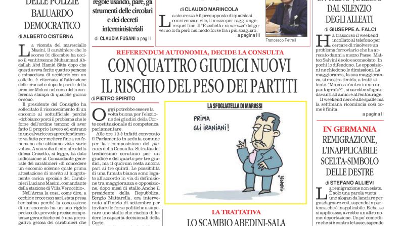 La prima pagina de l’ALTRAVOCE dell’ITALIA in edicola oggi