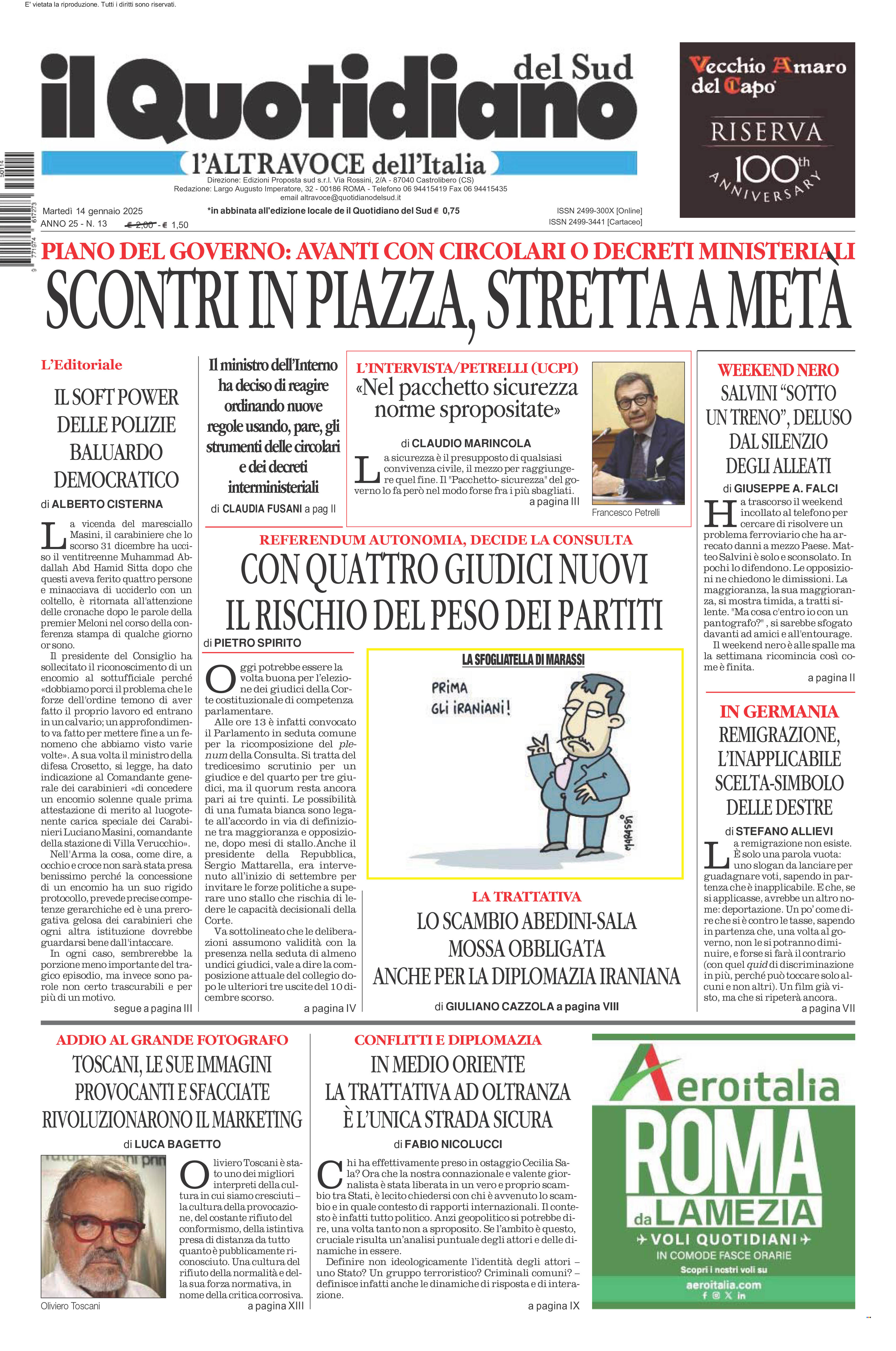 La prima pagina de l’ALTRAVOCE dell’ITALIA in edicola oggi