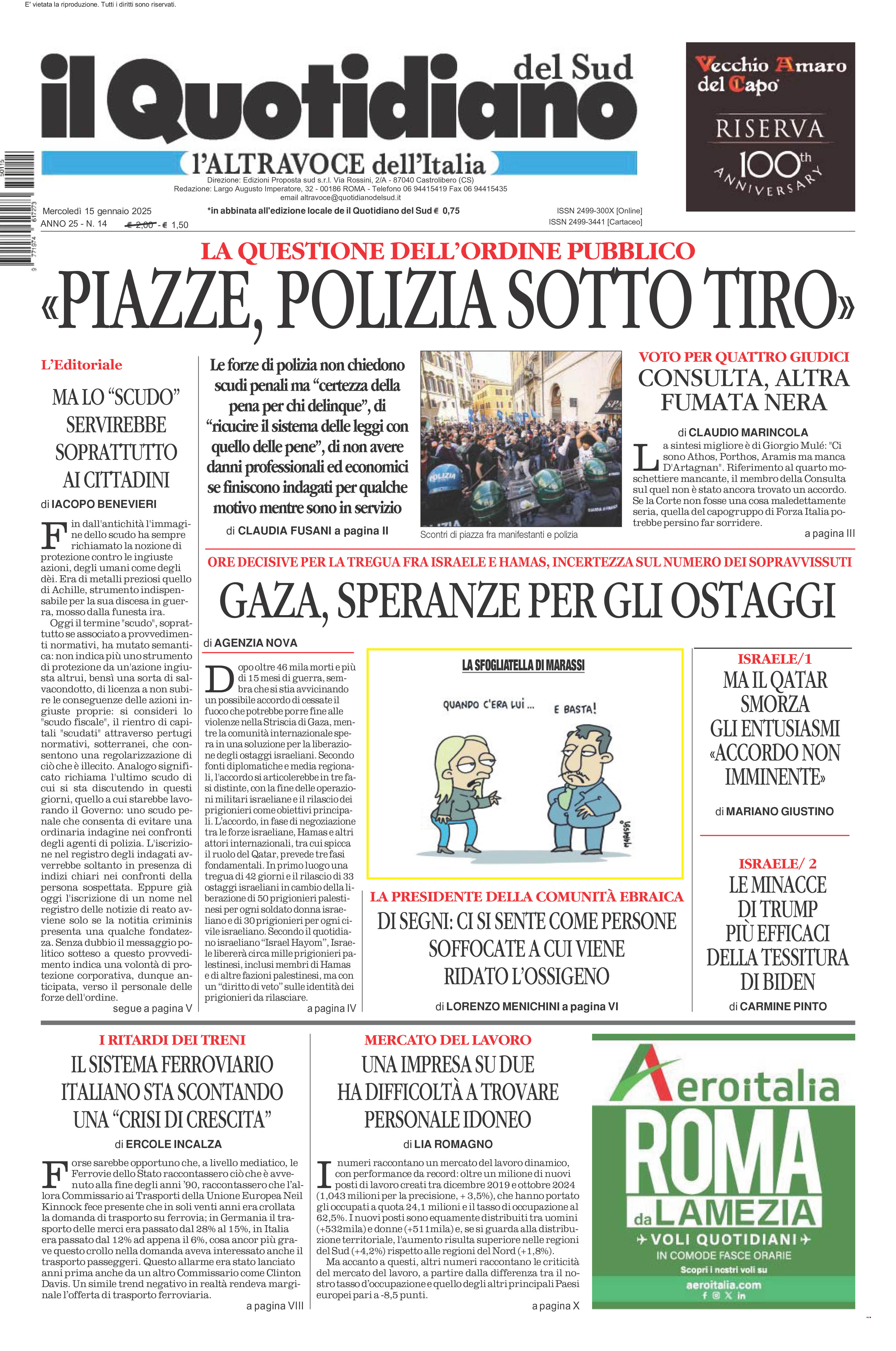 La prima pagina de l’ALTRAVOCE dell’ITALIA in edicola oggi