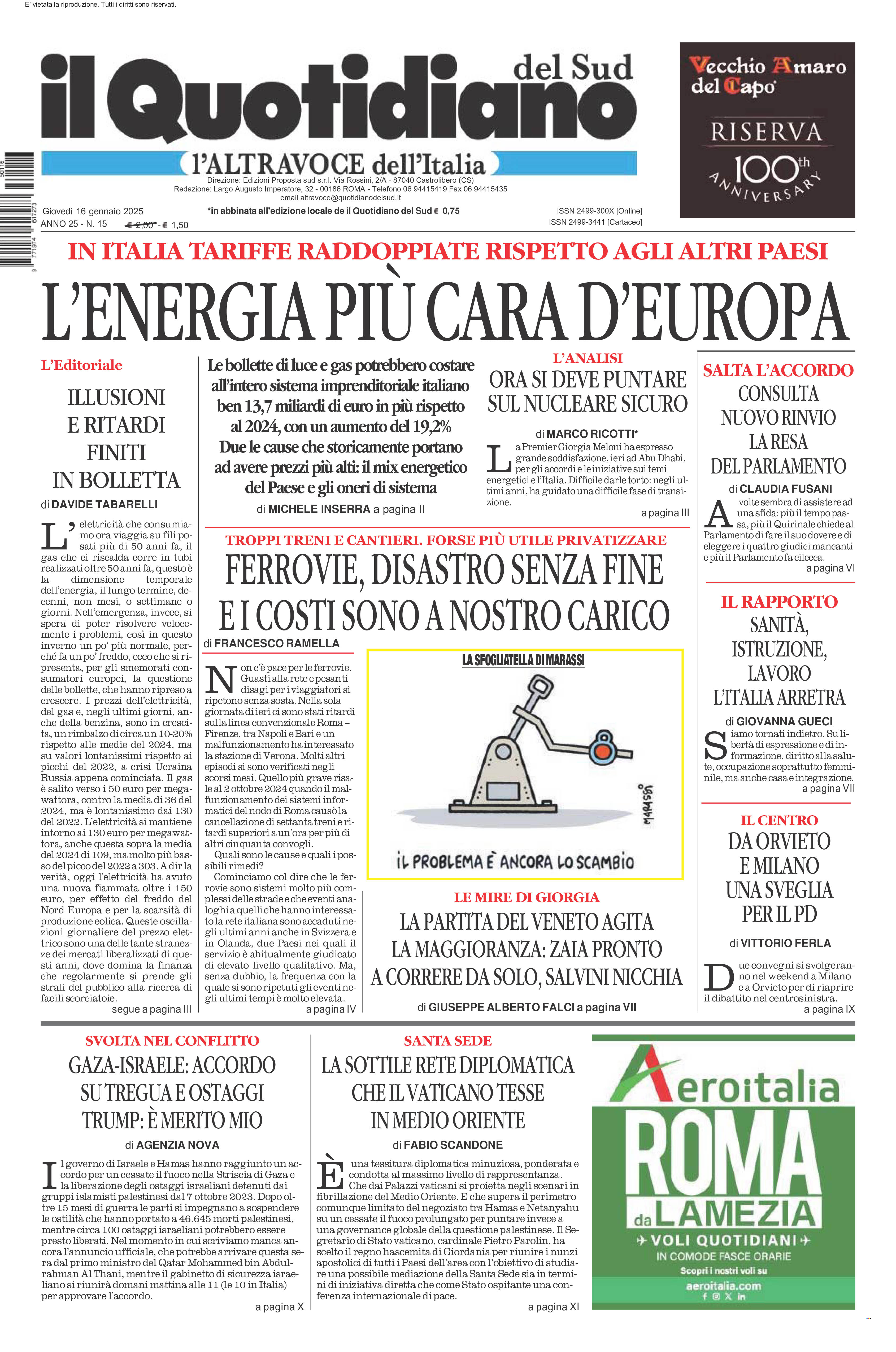 La prima pagina de l’ALTRAVOCE dell’ITALIA in edicola oggi