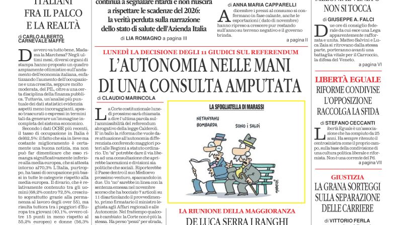 La prima pagina de l’ALTRAVOCE dell’ITALIA in edicola oggi