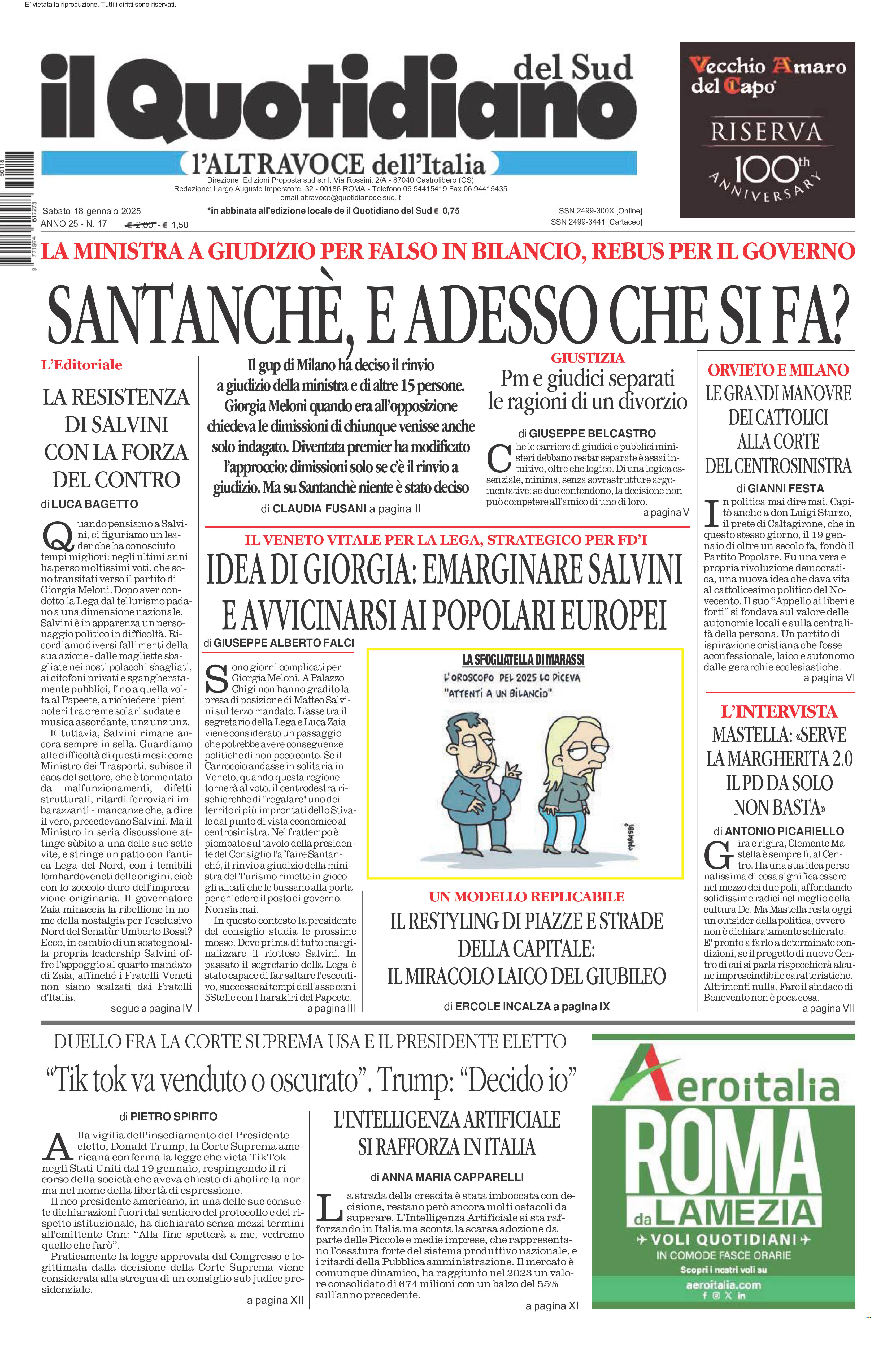 La prima pagina de l’ALTRAVOCE dell’ITALIA in edicola oggi