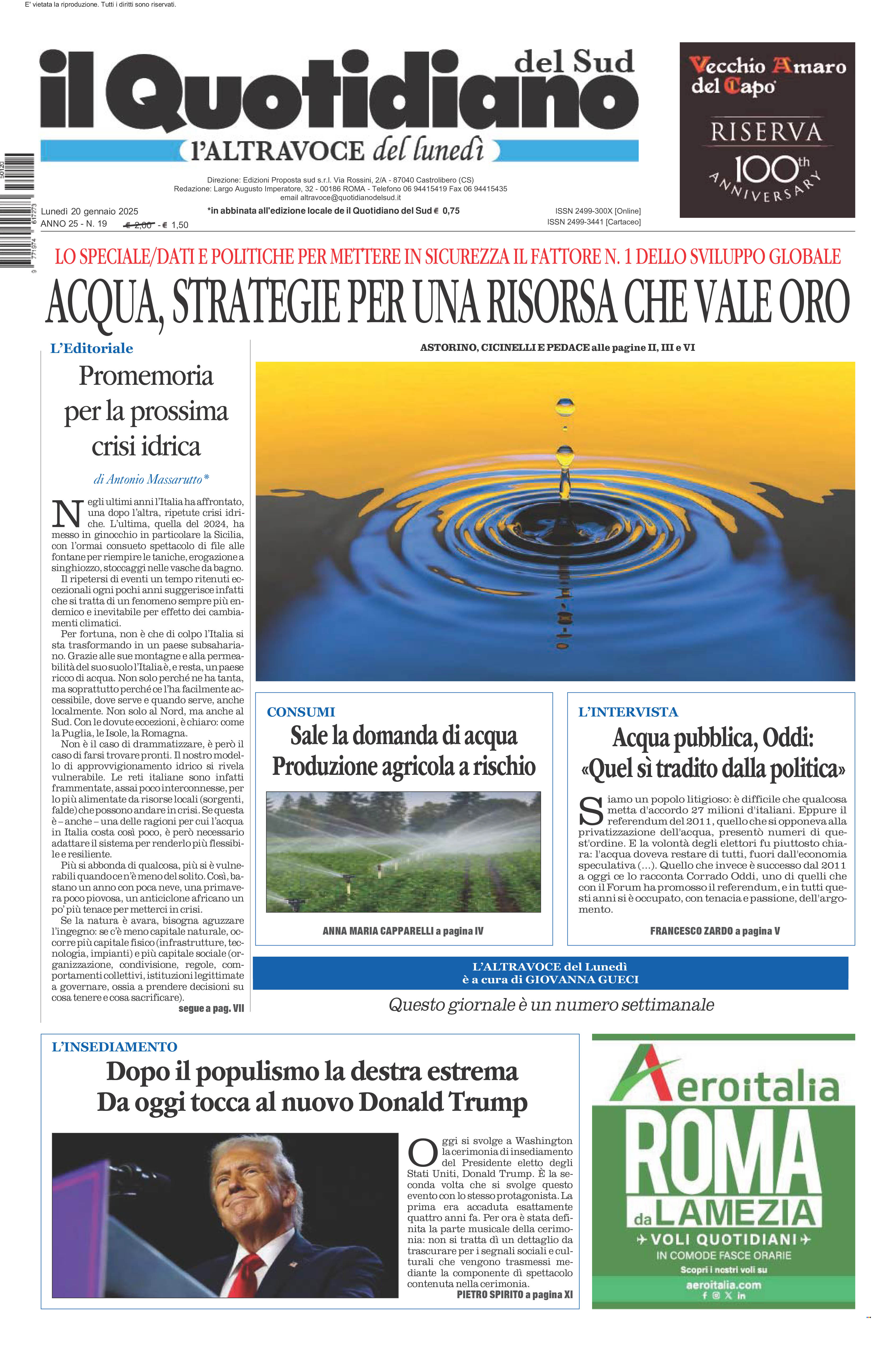 La prima pagina de l’ALTRAVOCE dell’ITALIA in edicola oggi