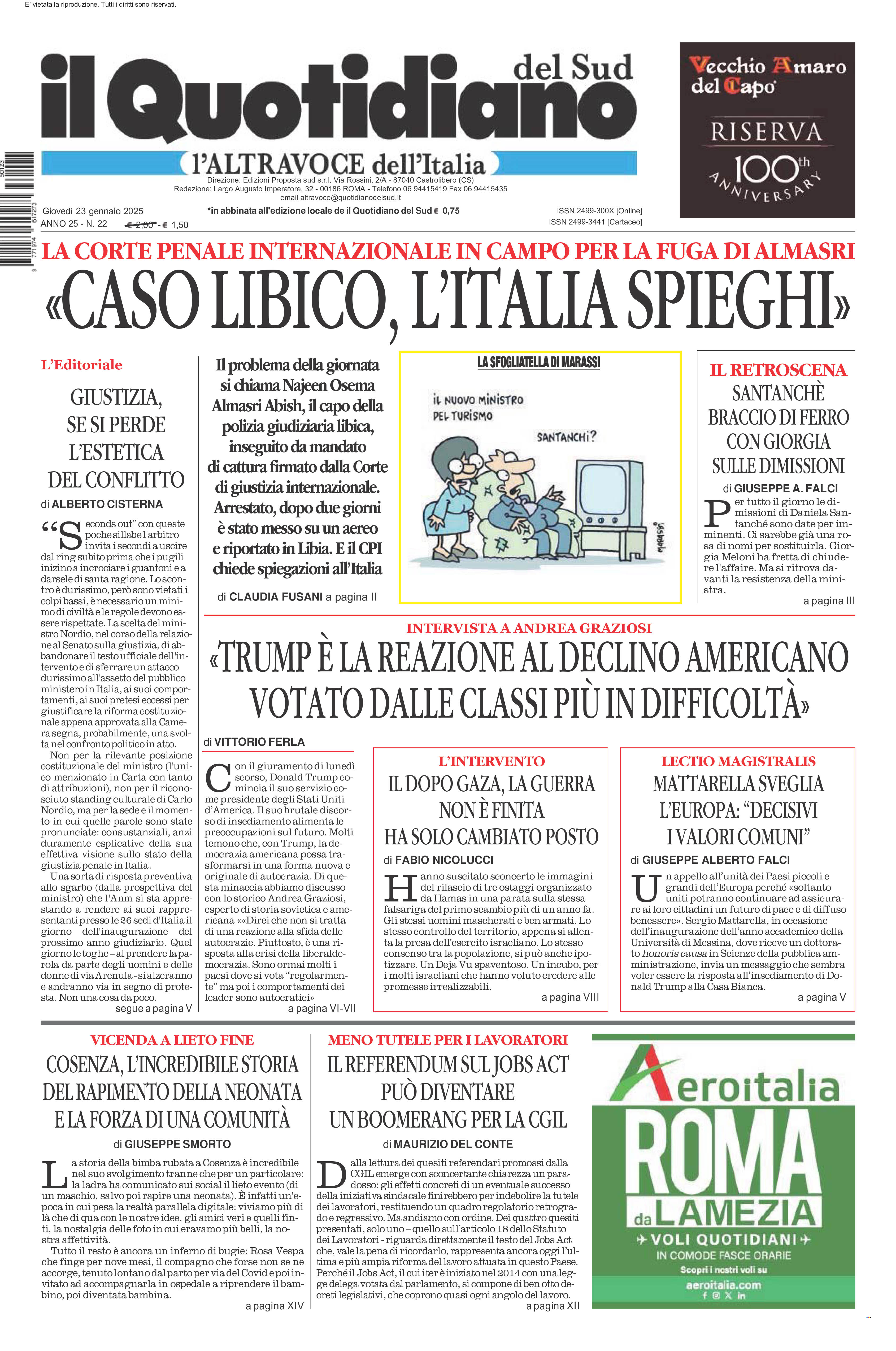 La prima pagina de l’ALTRAVOCE dell’ITALIA in edicola oggi