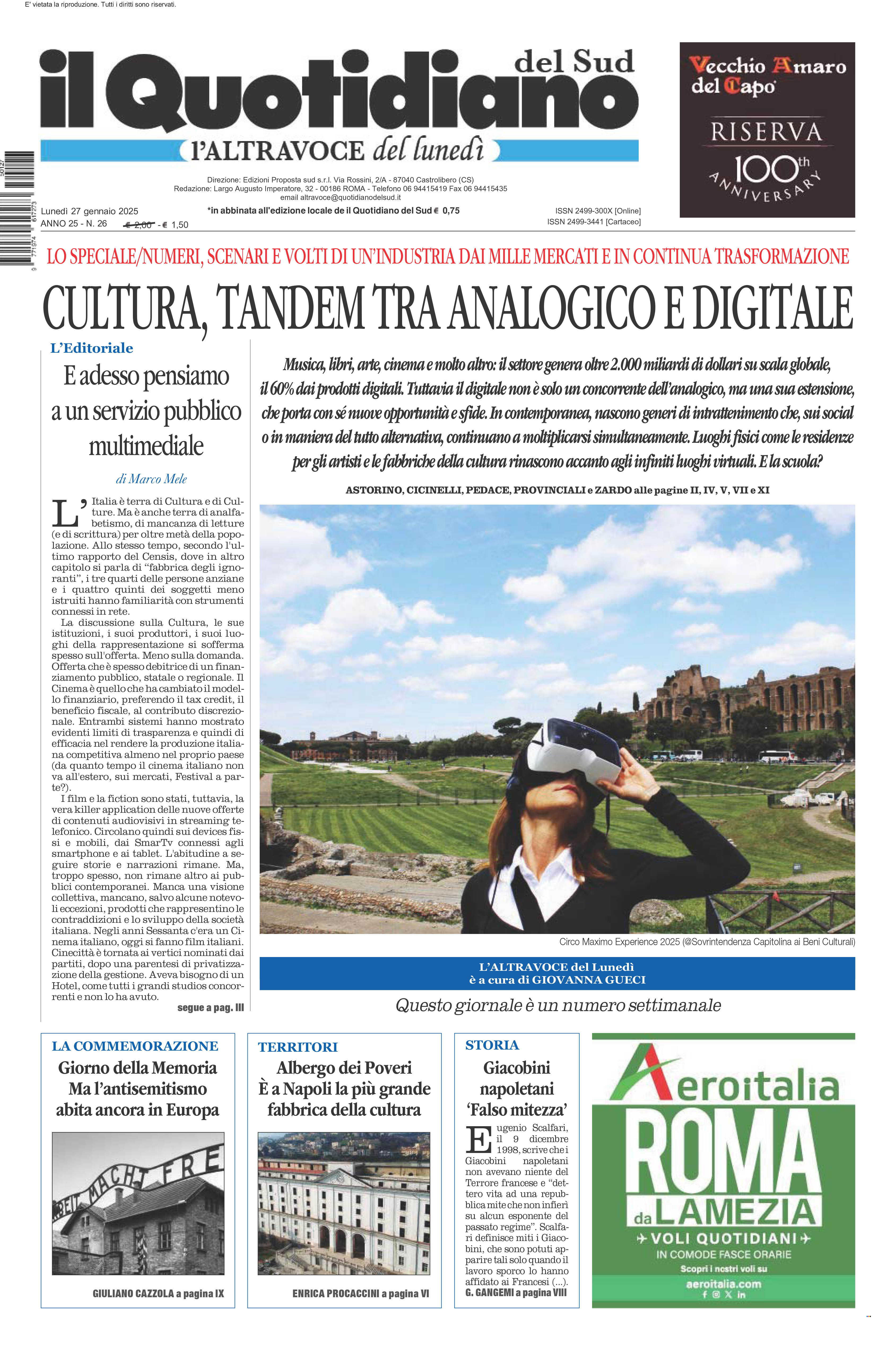 La prima pagina de l’ALTRAVOCE dell’ITALIA in edicola oggi