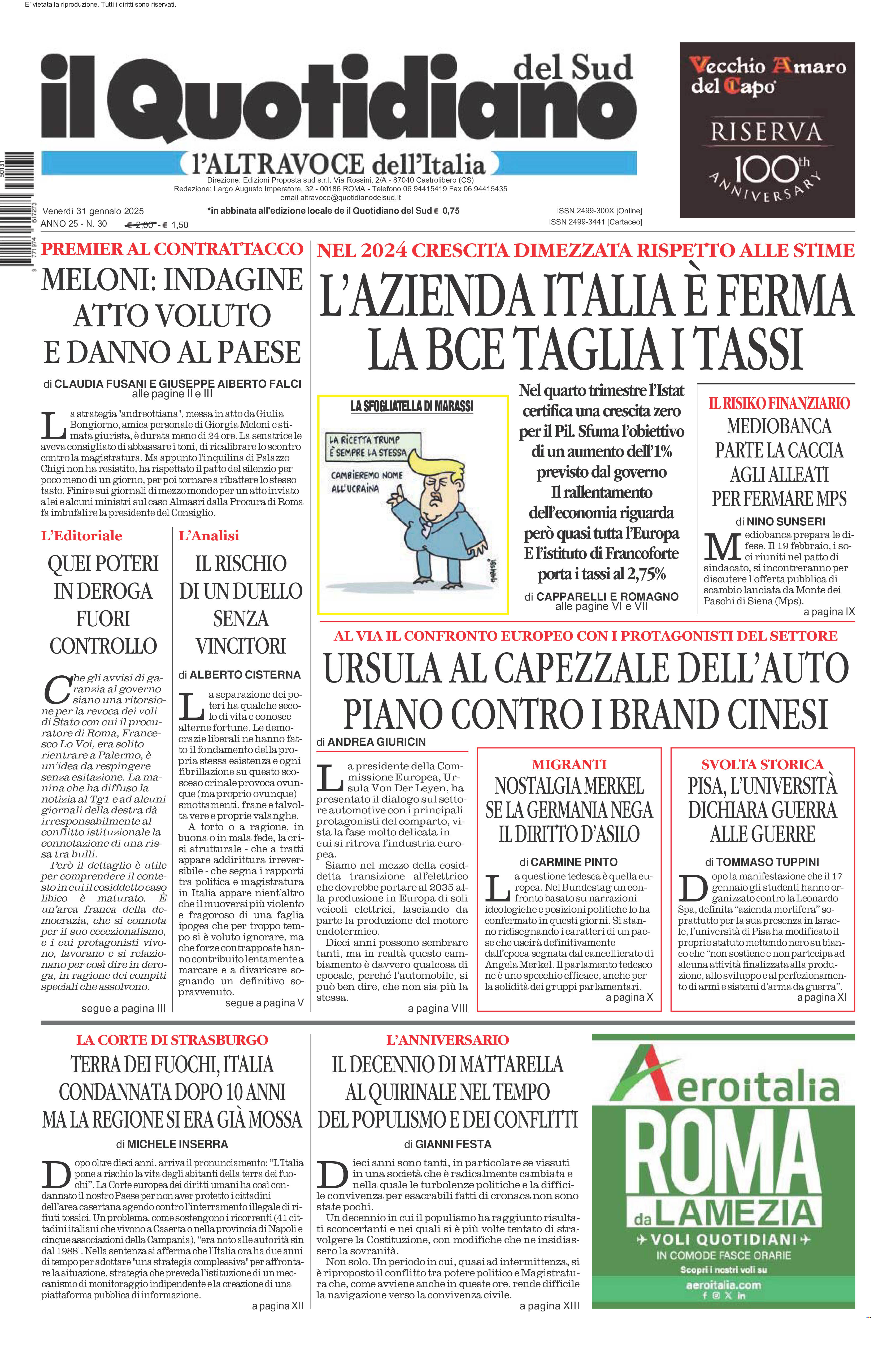 La prima pagina de l’ALTRAVOCE dell’ITALIA in edicola oggi