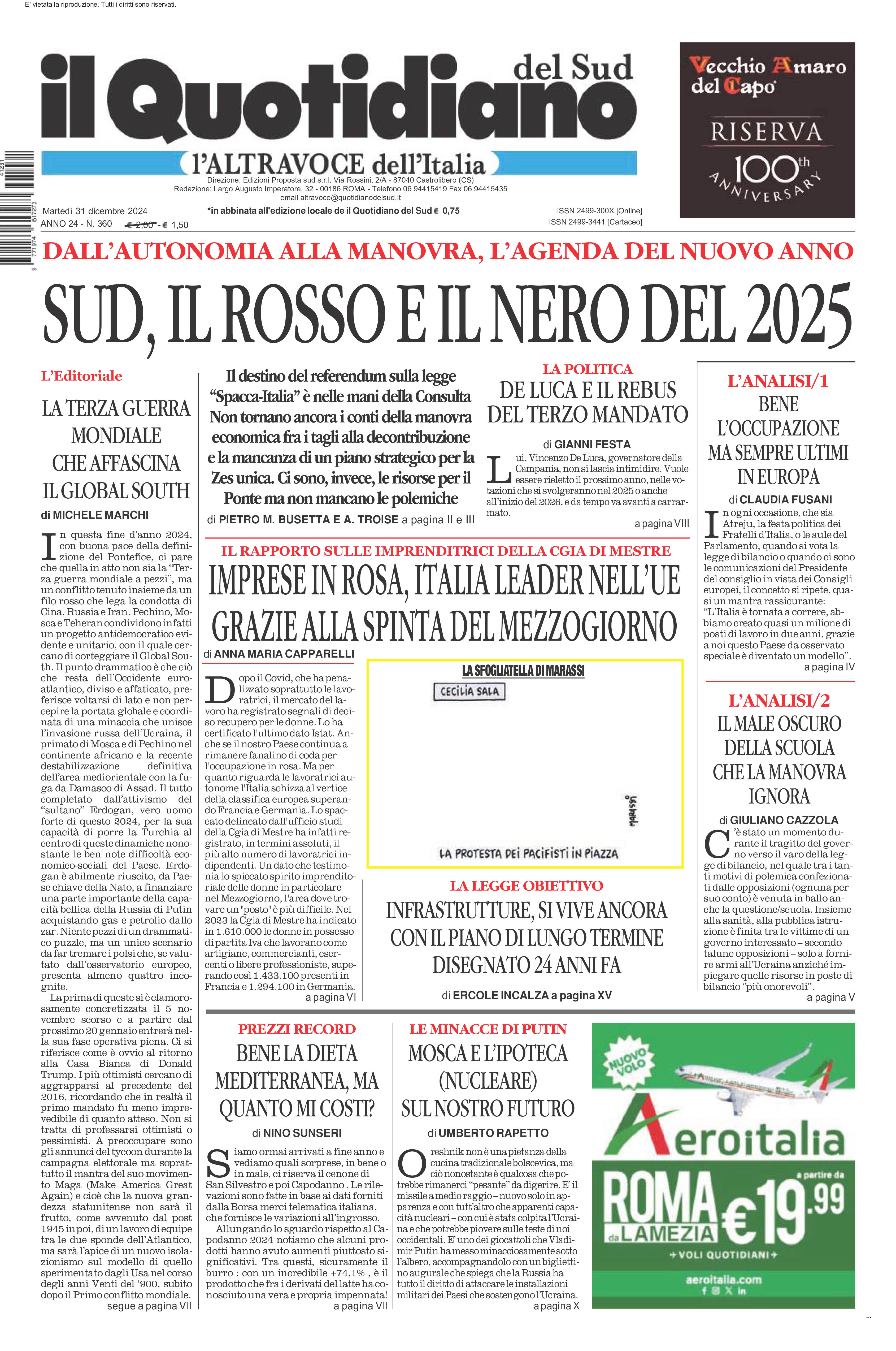 La prima pagina de l’ALTRAVOCE dell’ITALIA in edicola oggi