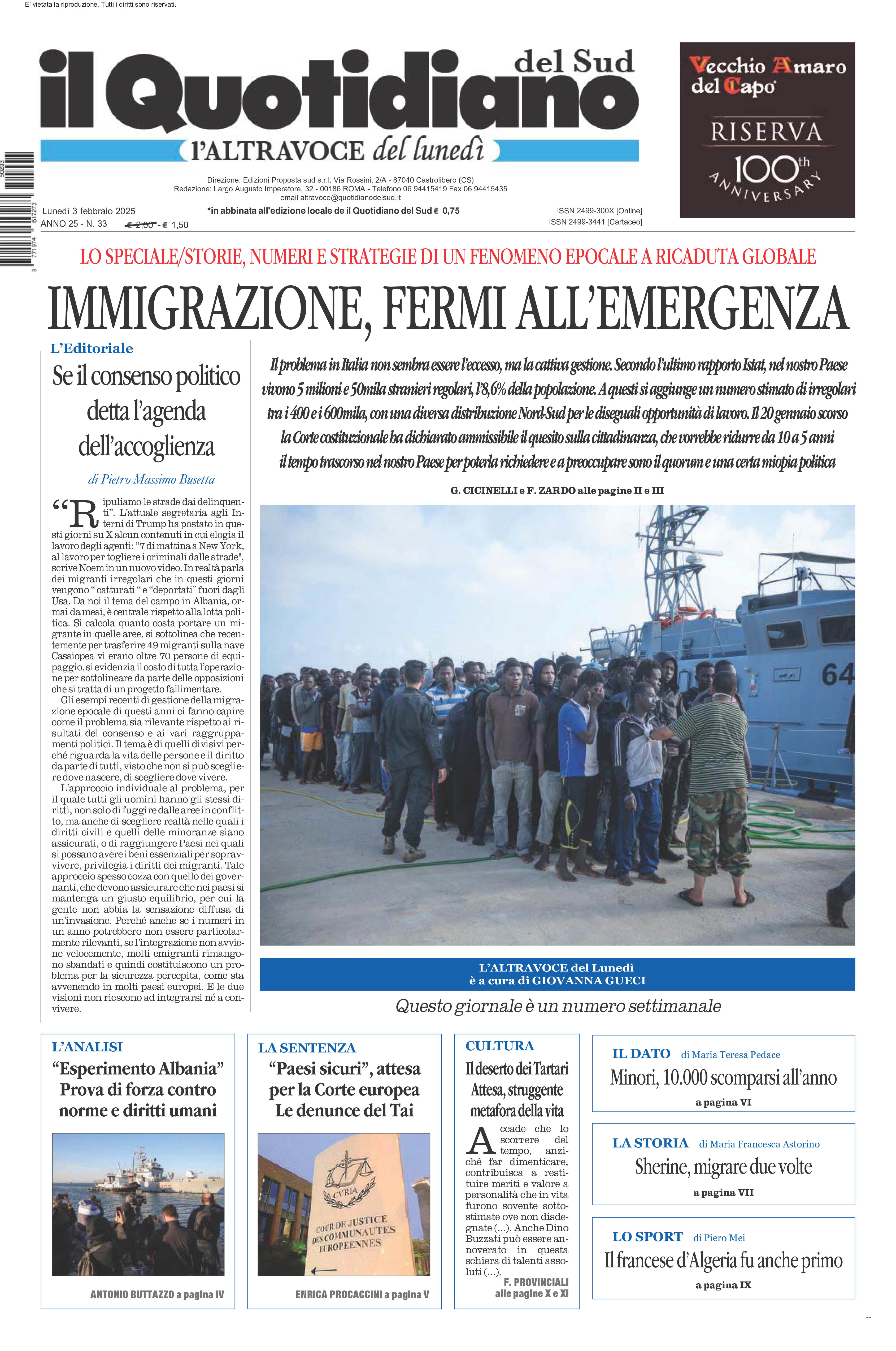 La prima pagina de l’ALTRAVOCE dell’ITALIA in edicola oggi