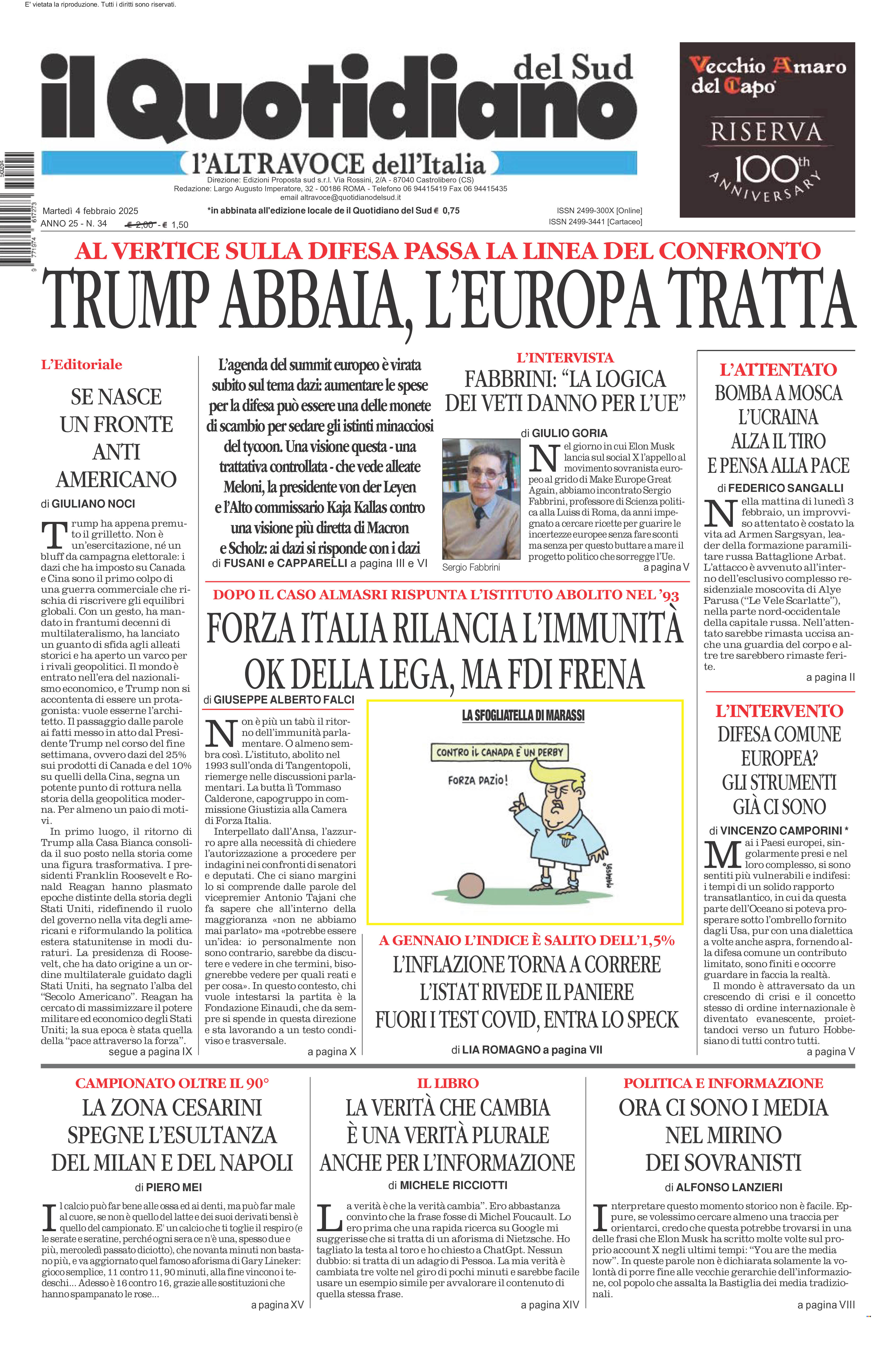 La prima pagina de l’ALTRAVOCE dell’ITALIA in edicola oggi