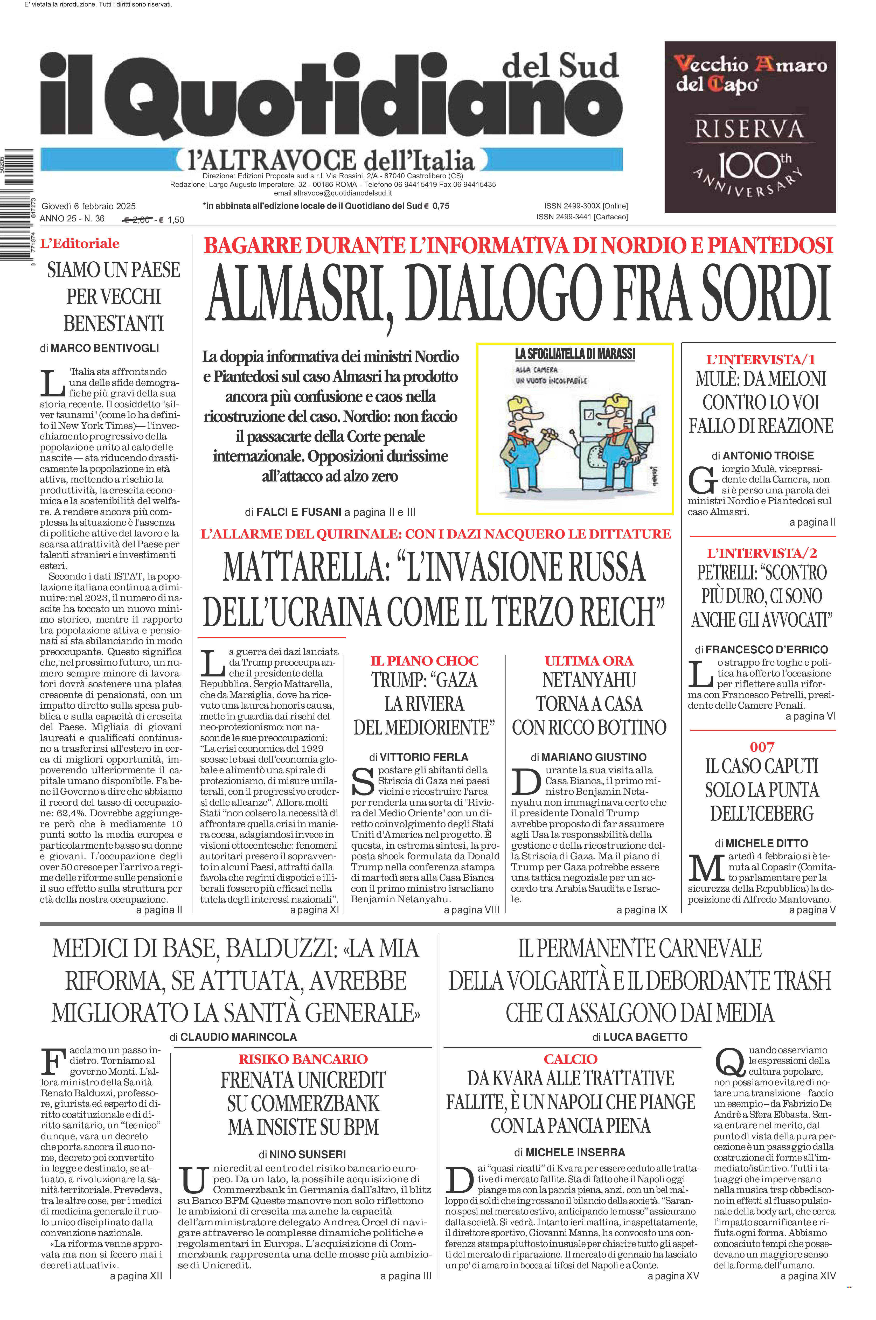 La prima pagina de l’ALTRAVOCE dell’ITALIA in edicola oggi