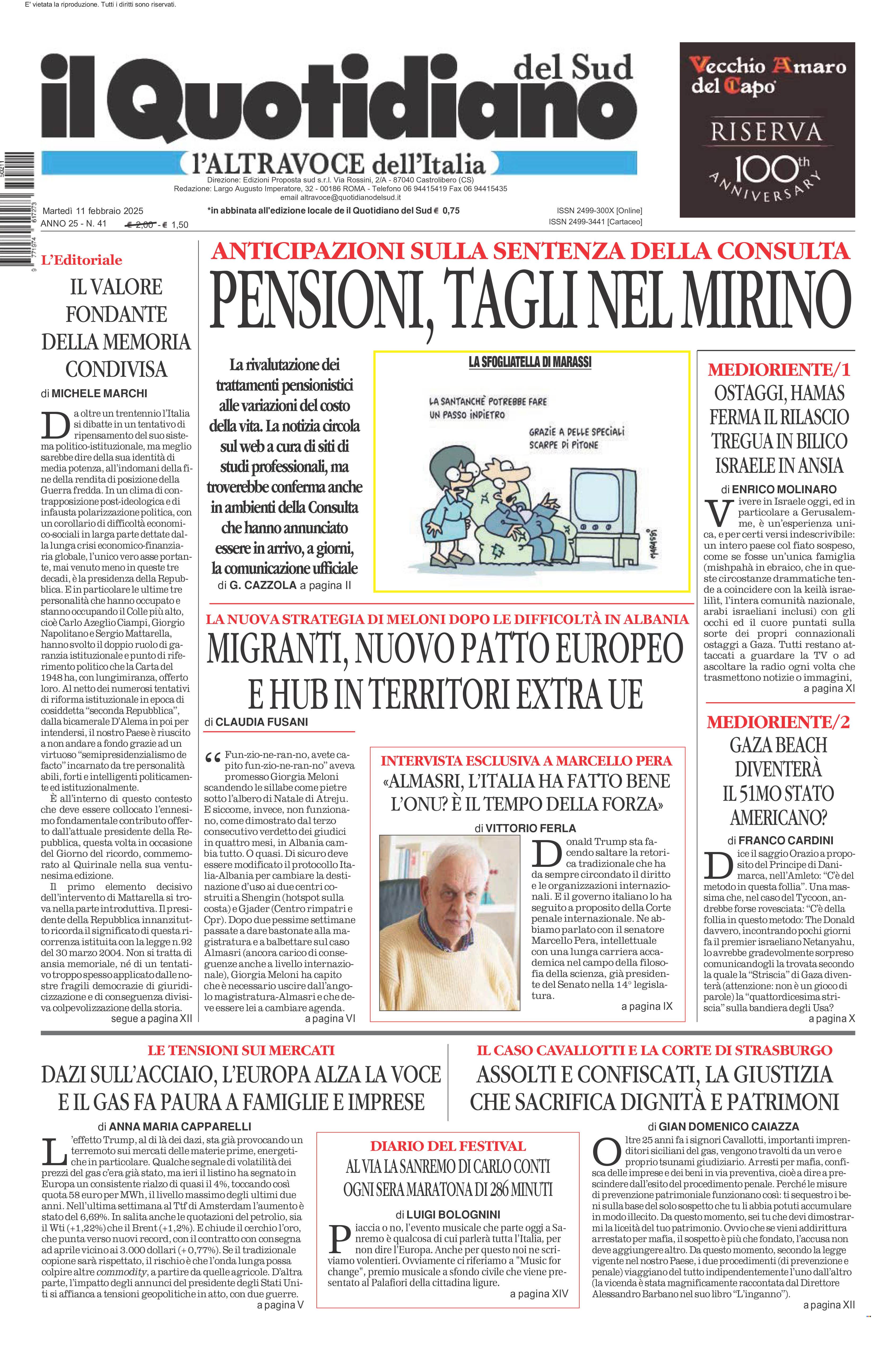 La prima pagina de l’ALTRAVOCE dell’ITALIA in edicola oggi