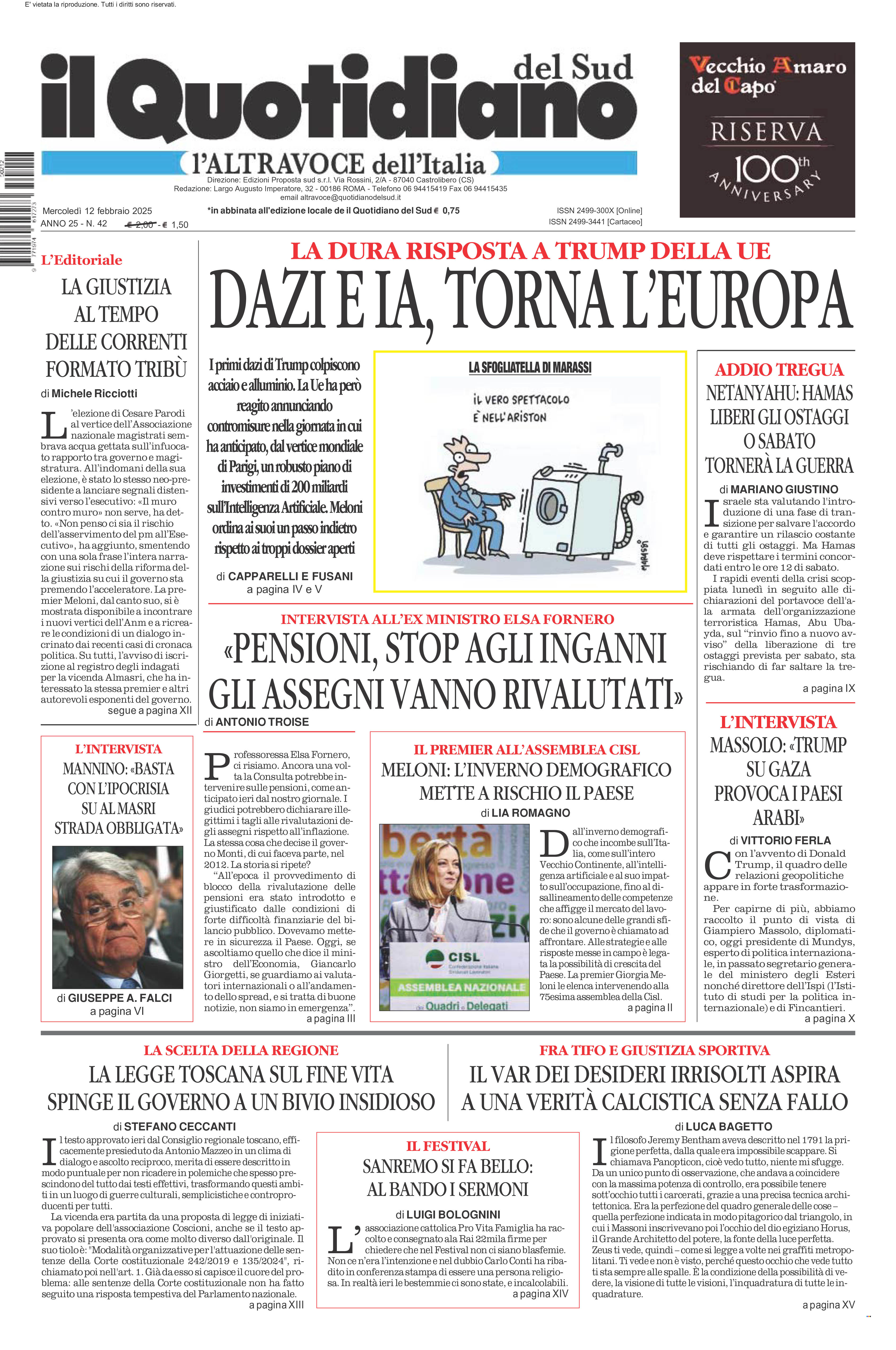 La prima pagina de l’ALTRAVOCE dell’ITALIA in edicola oggi